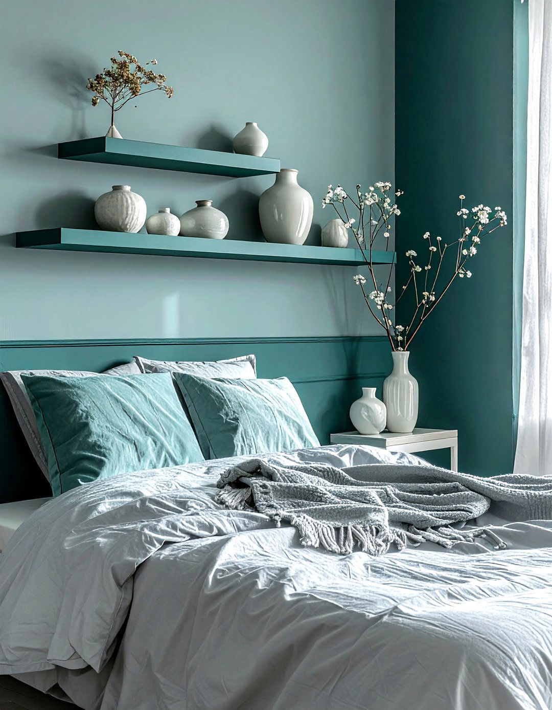 Painted Floating Shelf - 30 bedroom overhead storage ideas