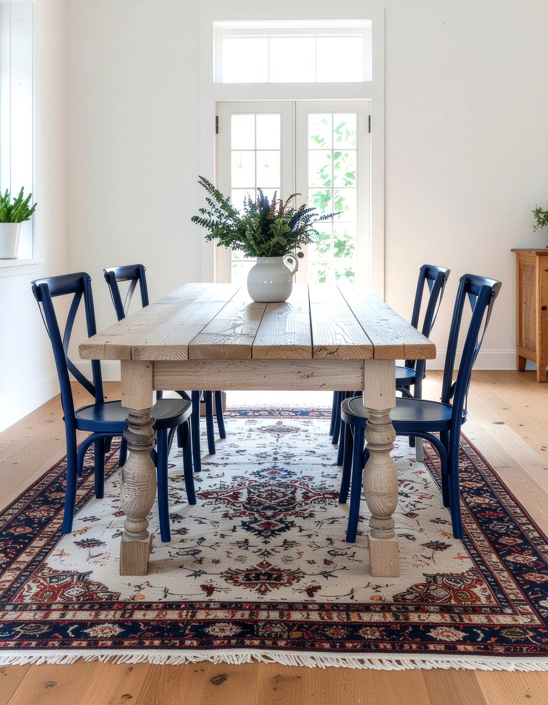 Painted chairs with wood dining table - 30 dining room finish mixing ideas