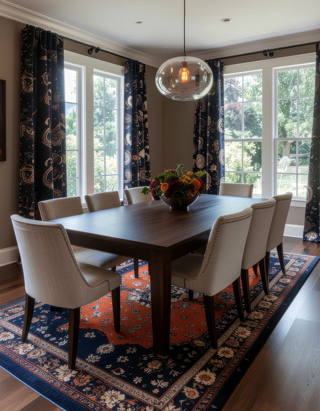Paisley Curtains And Geometric Rug - 30 dining room pattern mixing ideas