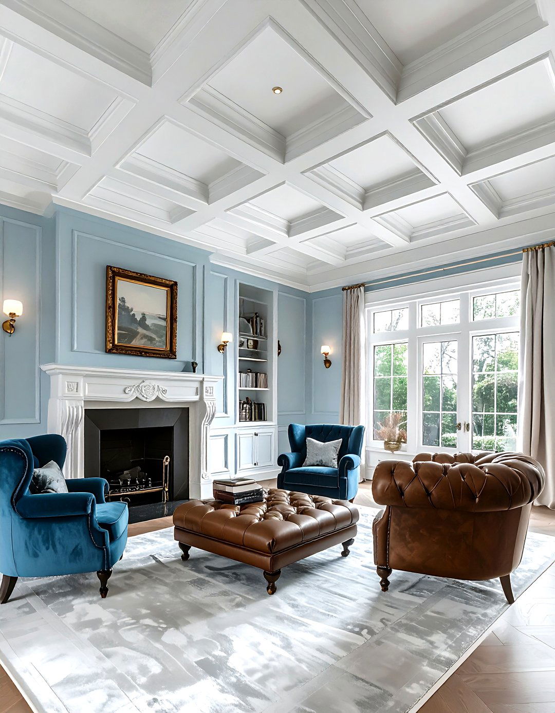 Pale Blue Coffered Ceiling - 30 living room blue ceiling ideas
