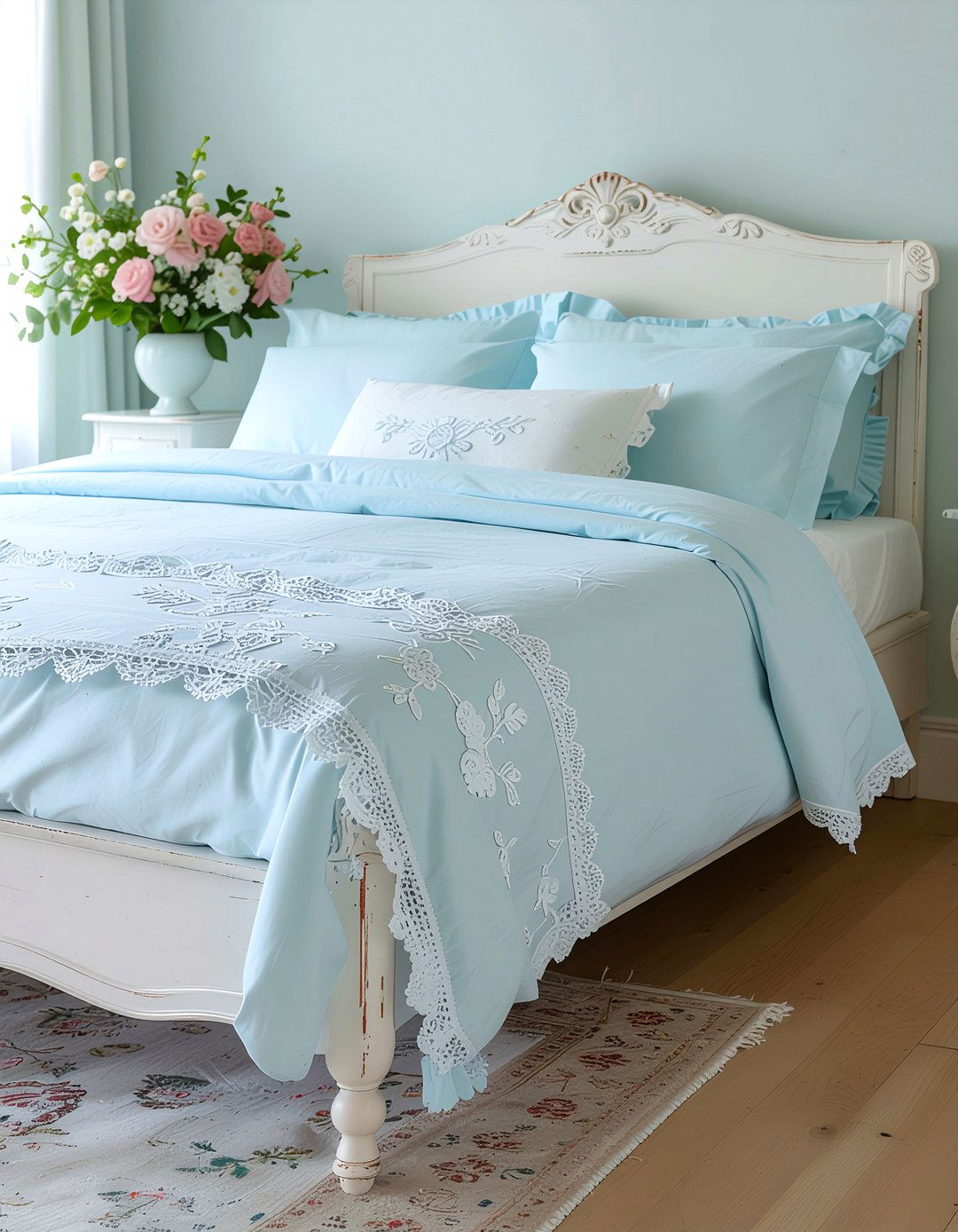 Pale blue lace bedding - 30 bedroom blue bedding ideas