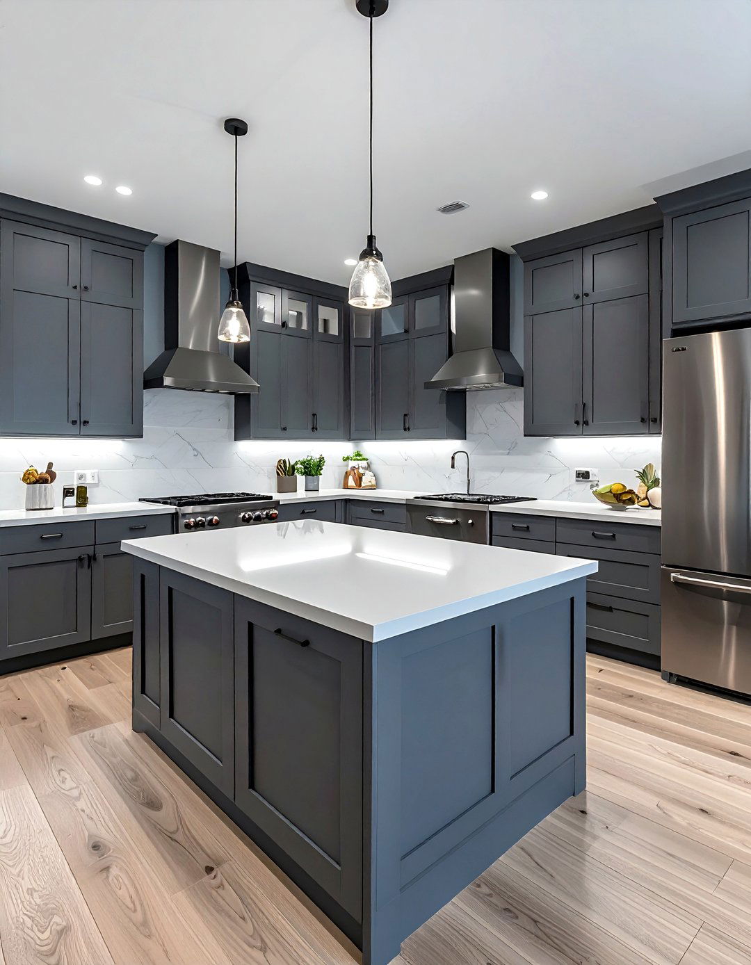 Pale blue walls with dark gray cabinetry - 30 blue and gray kitchen ideas