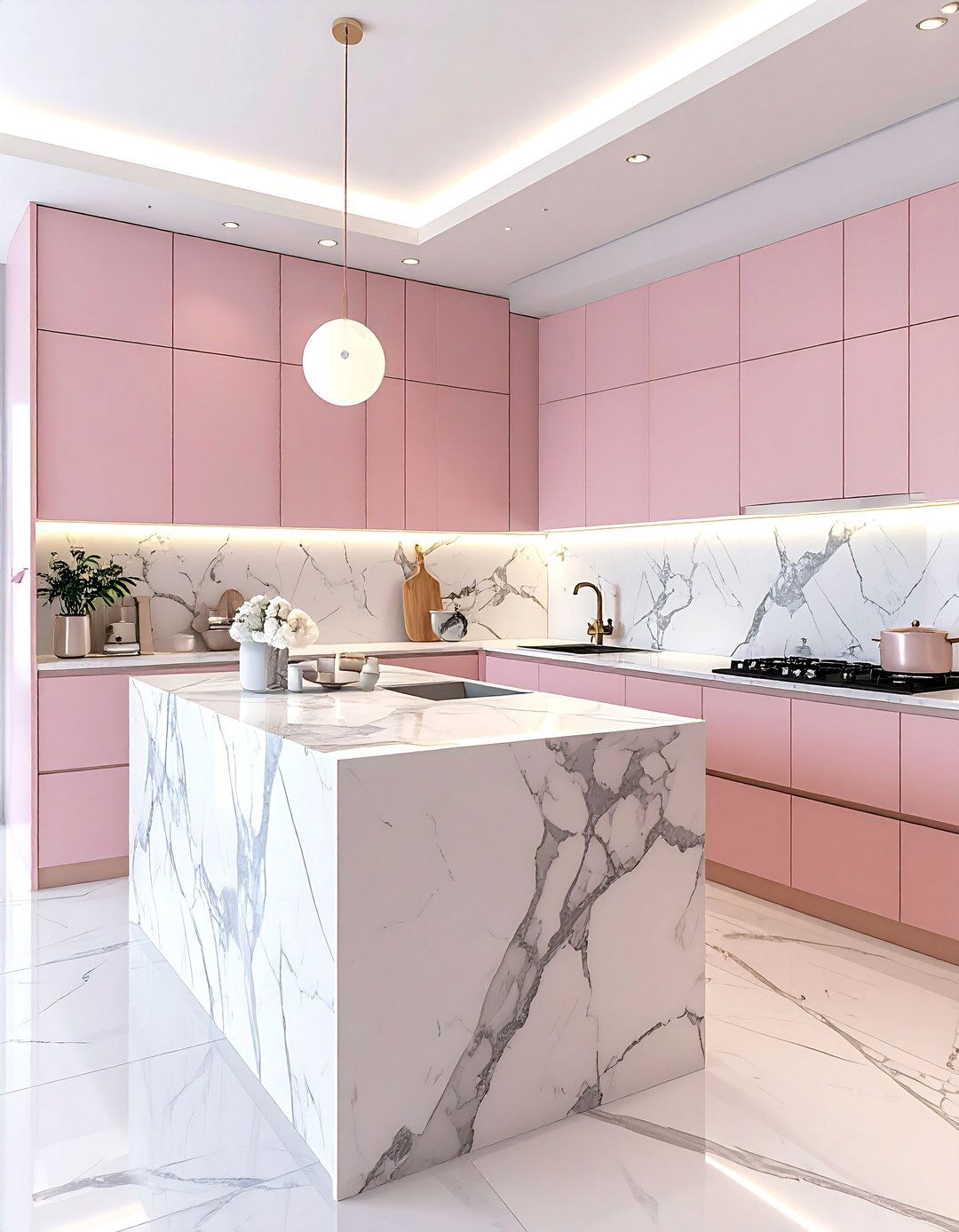 Pale pink and marble kitchen - 30 pink kitchen color schemes