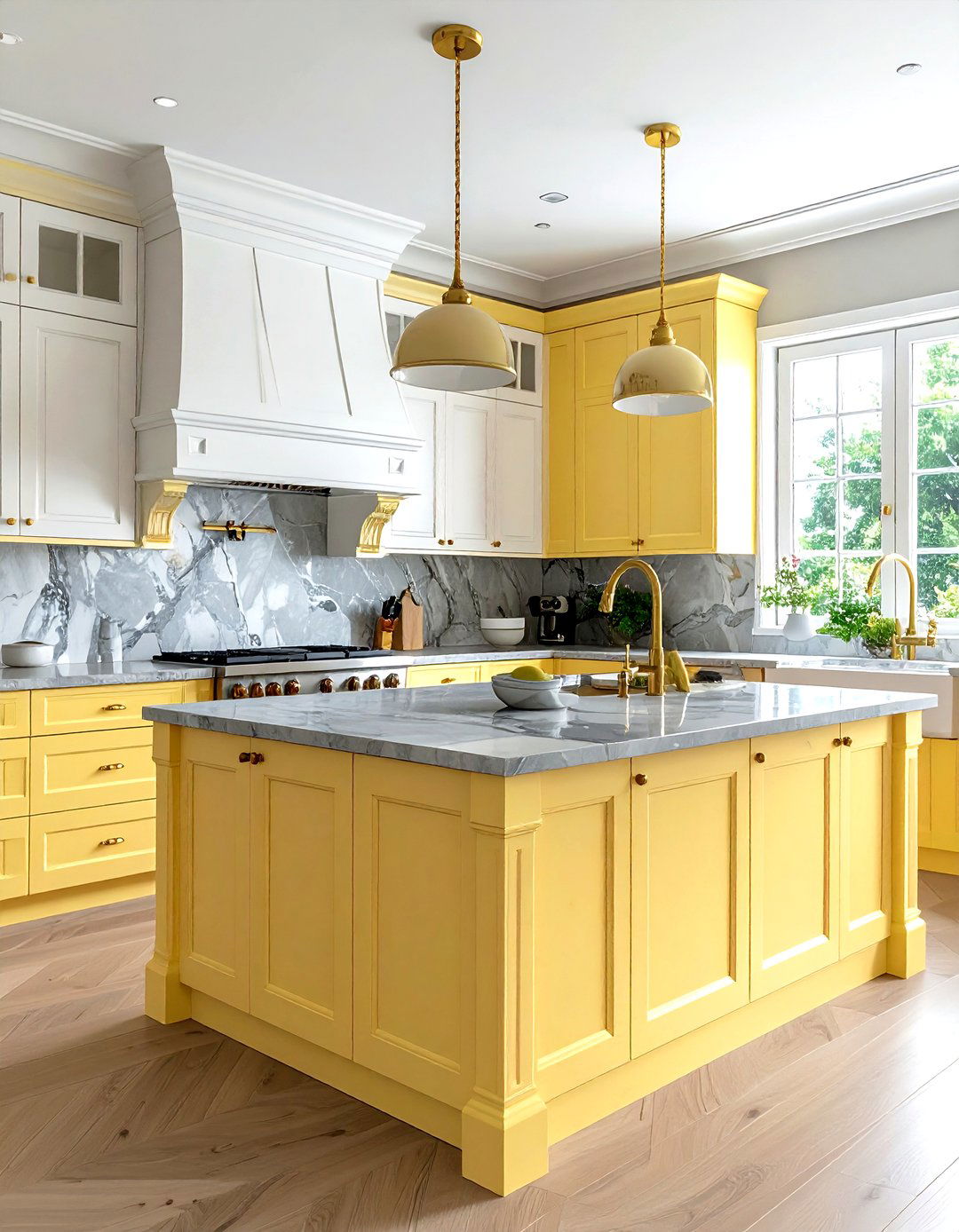 Pale yellow kitchen with dove gray marble - 30 gray and yellow kitchen ideas