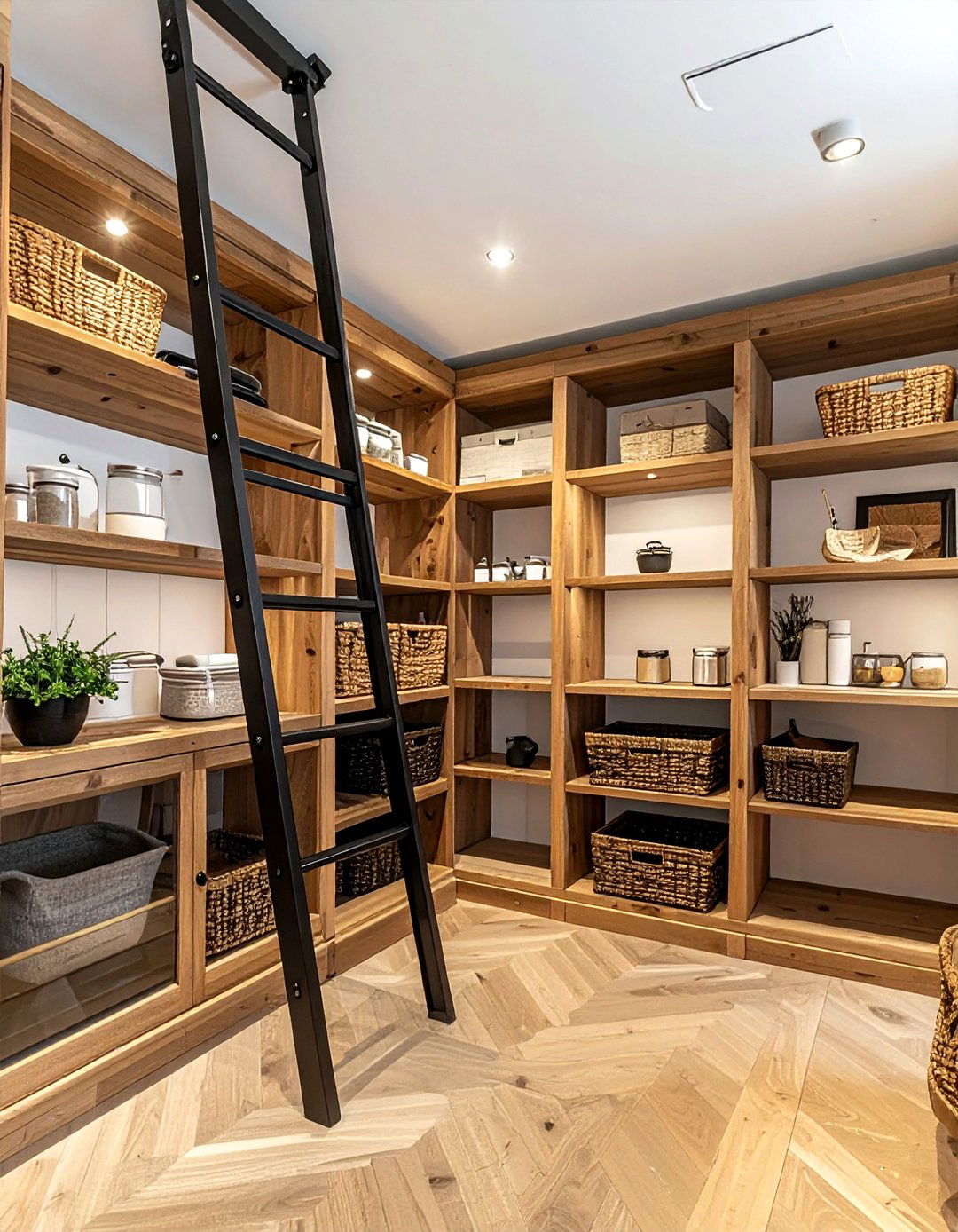 Pantry with rolling ladder - 30 walk-in pantry kitchen ideas