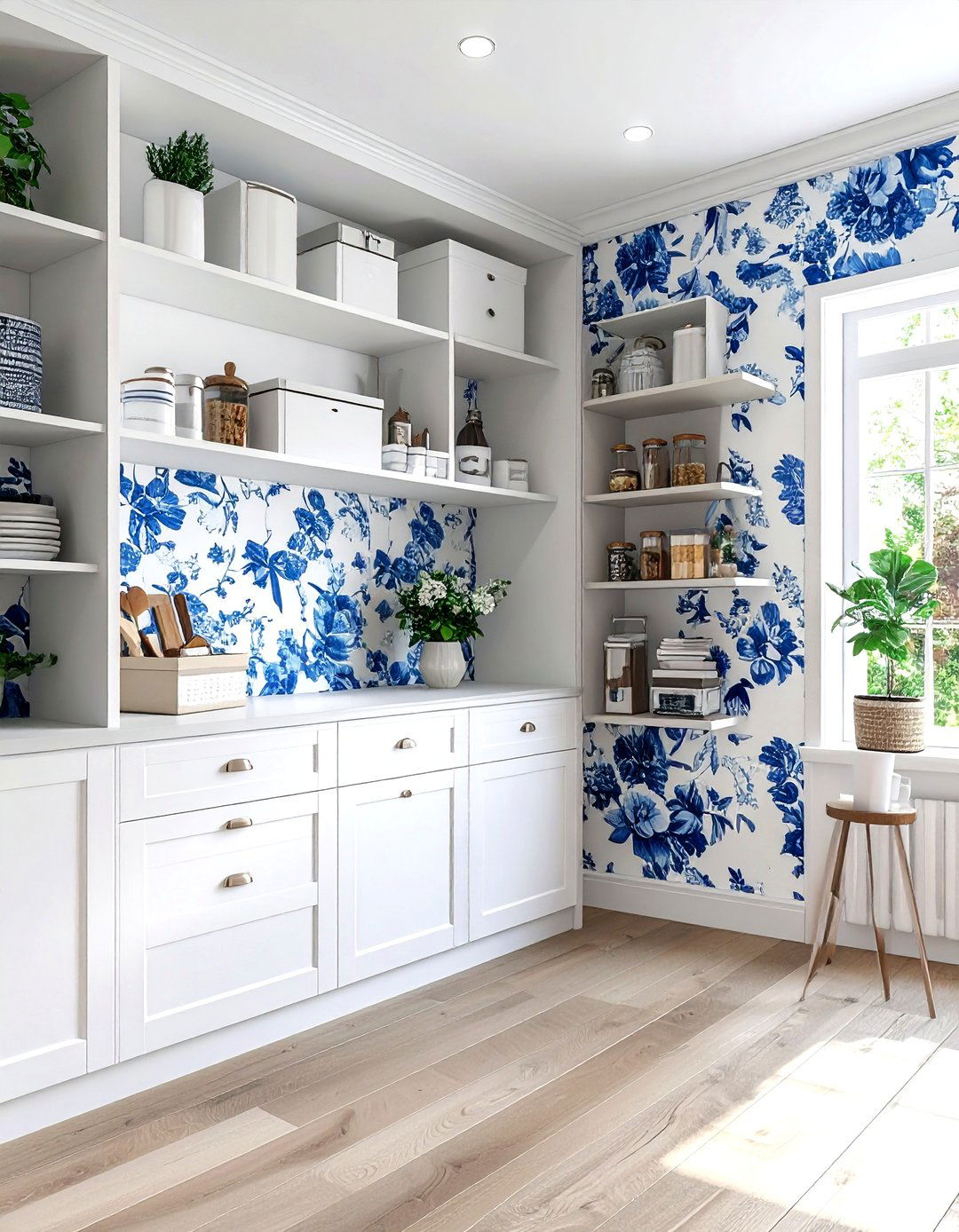 Pantry with wallpaper accent - 30 walk-in pantry kitchen ideas