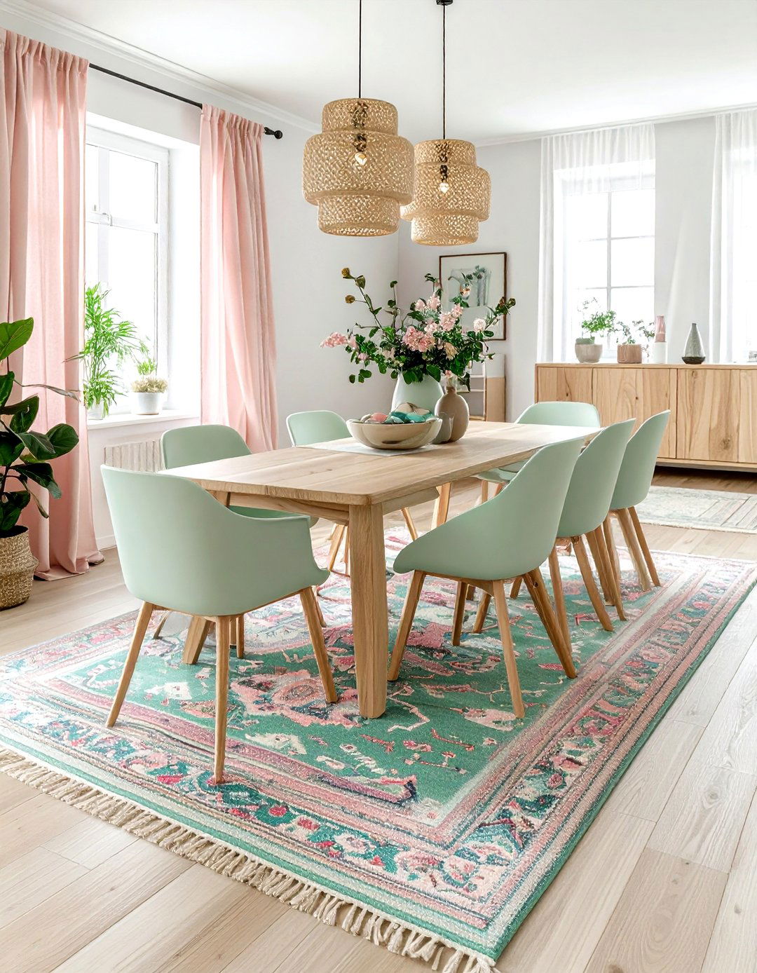 Pastel Kilim Rug Dining Room - 30 colorful rug dining room ideas