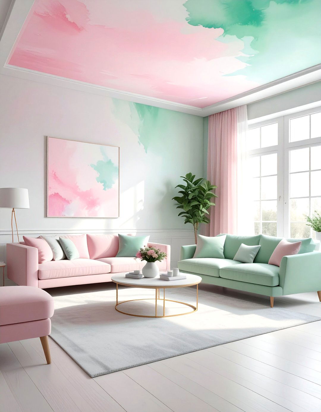 Pastel Watercolor Ceiling - 30 living room wallpapered ceiling ideas