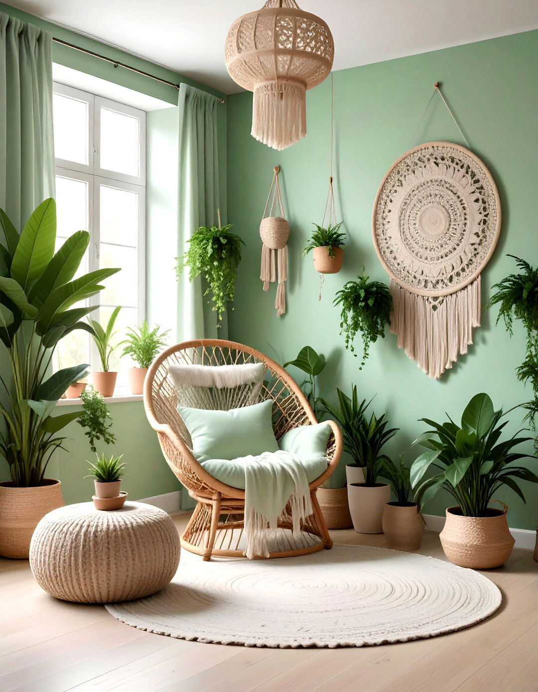 Pastel green boho living room - 30 green living room decor ideas