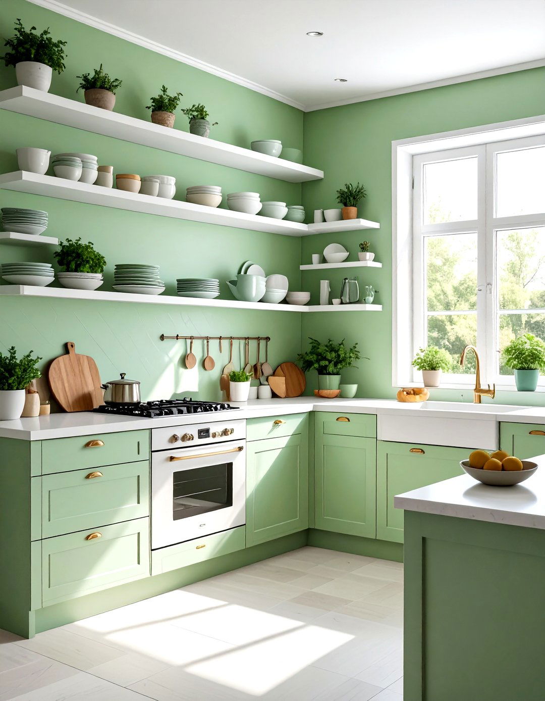Pastel green kitchen walls white shelves - 30 green and white kitchen ideas