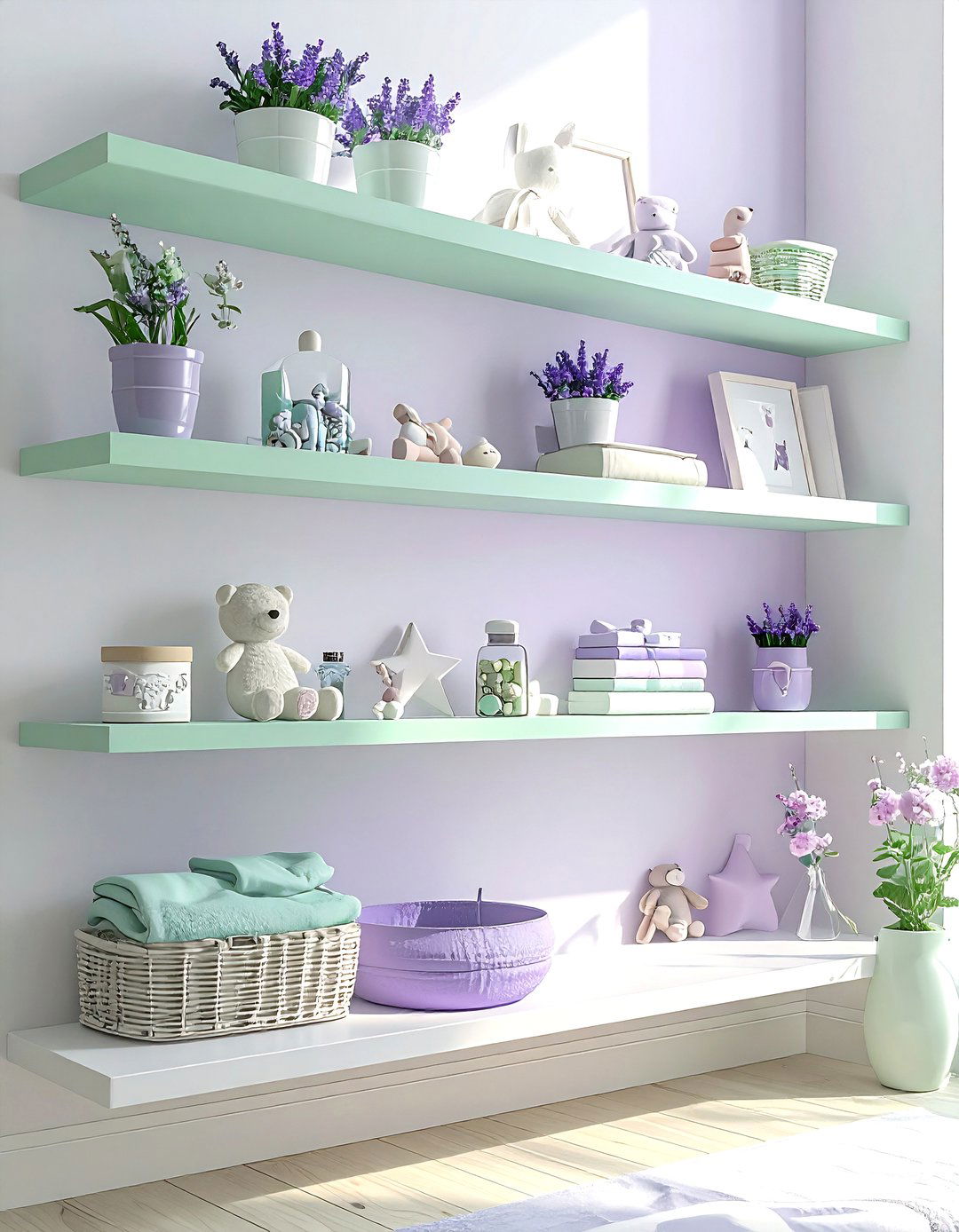 Pastel nursery wall shelves - 30 nursery shelf ideas