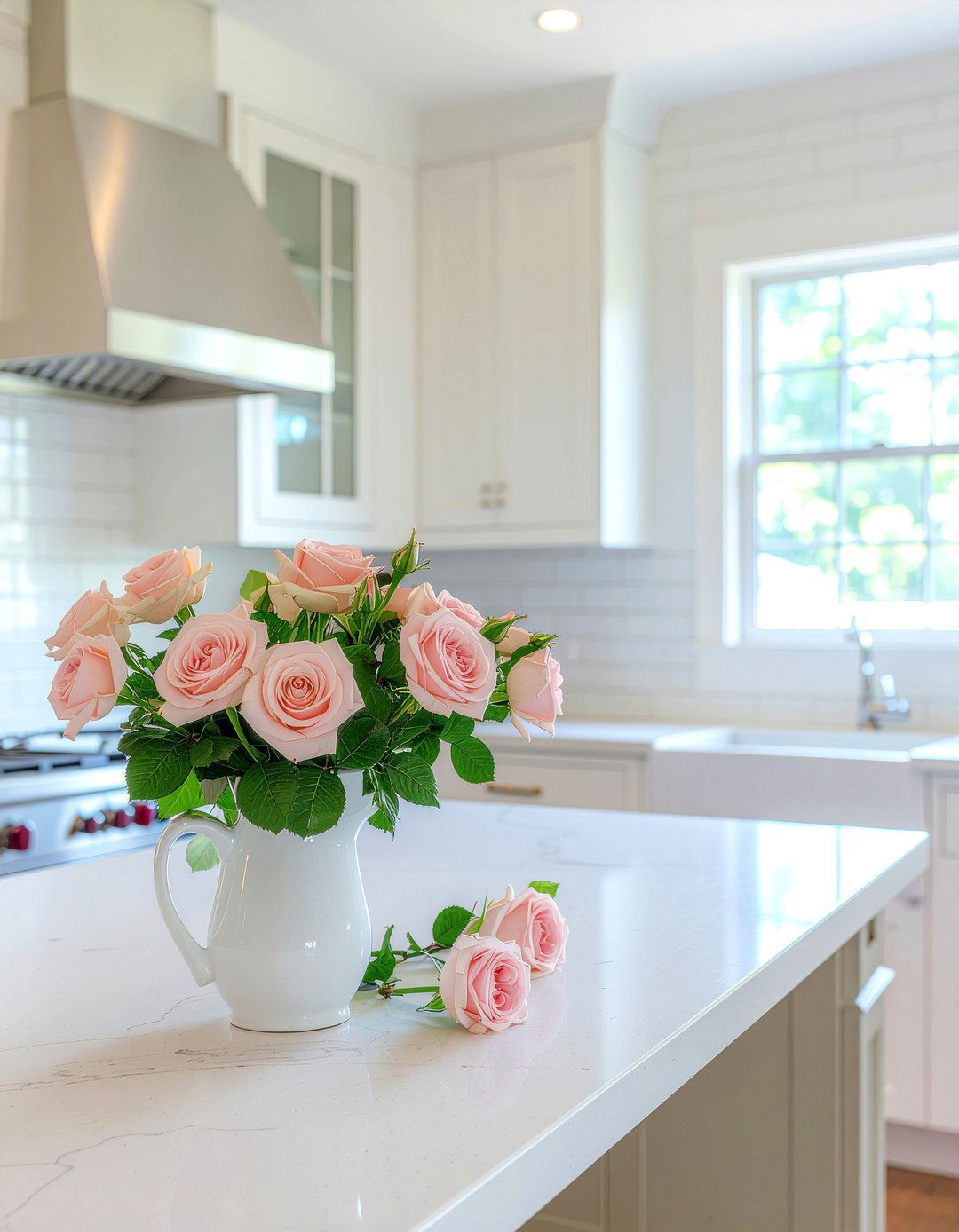 Pastel roses in ceramic pitcher - 30 floral arrangement ideas