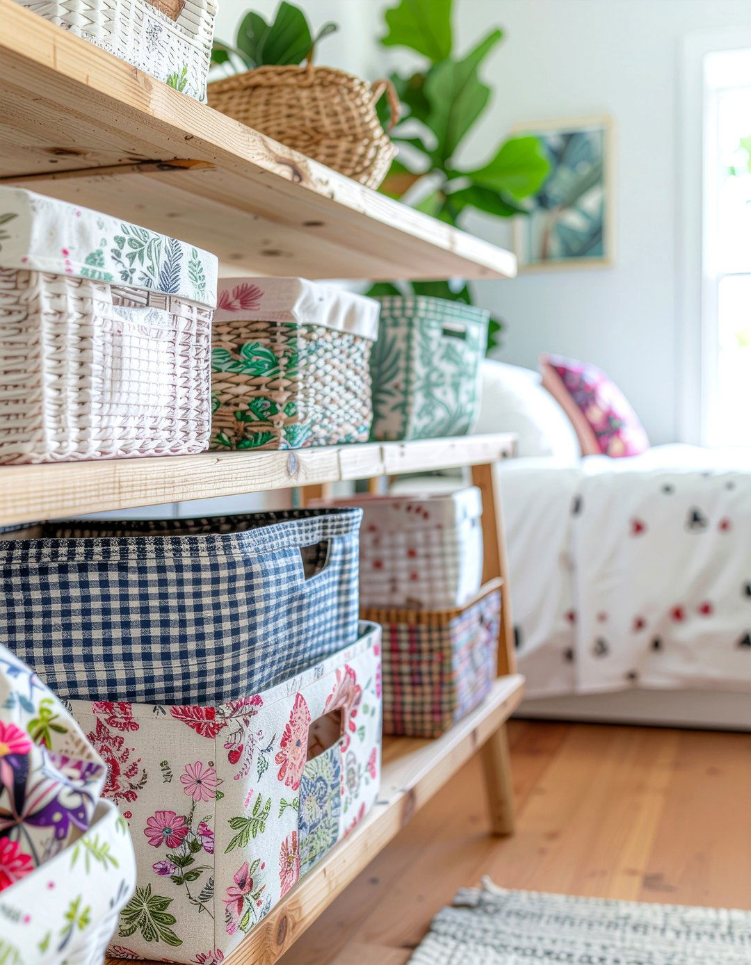 Patchwork Storage Bins - 30 patchwork bedroom ideas