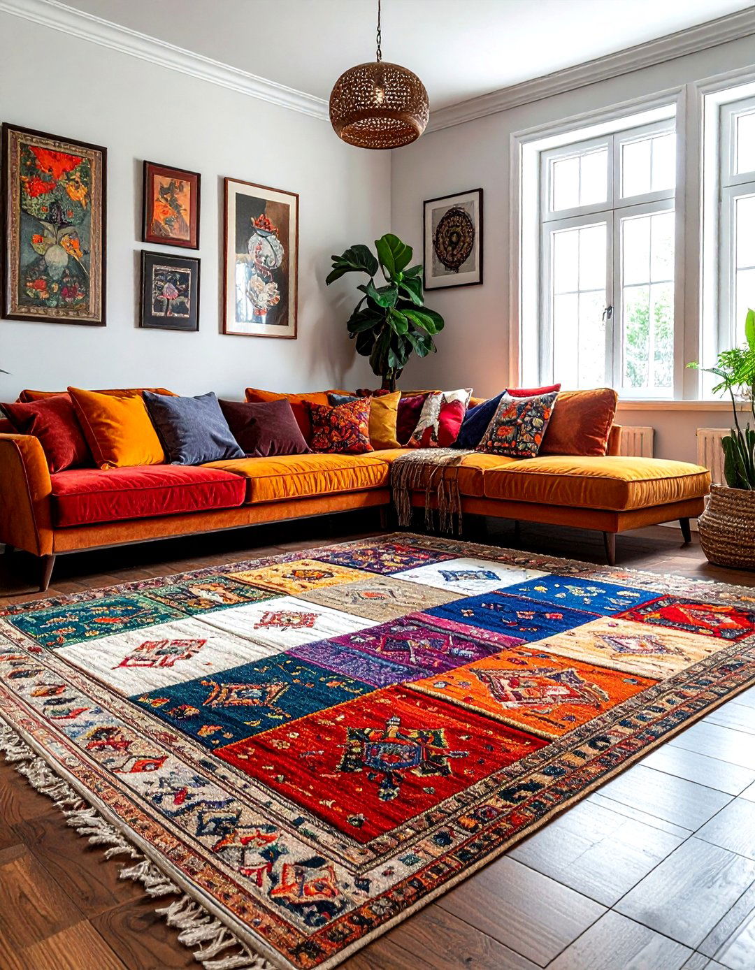 Patchwork Turkish rug eclectic den - 30 Turkish rug ideas