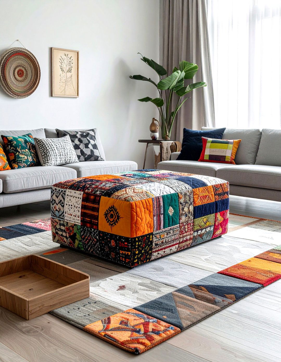 Patchwork ottoman centerpiece living room - 30 patchwork living room ideas