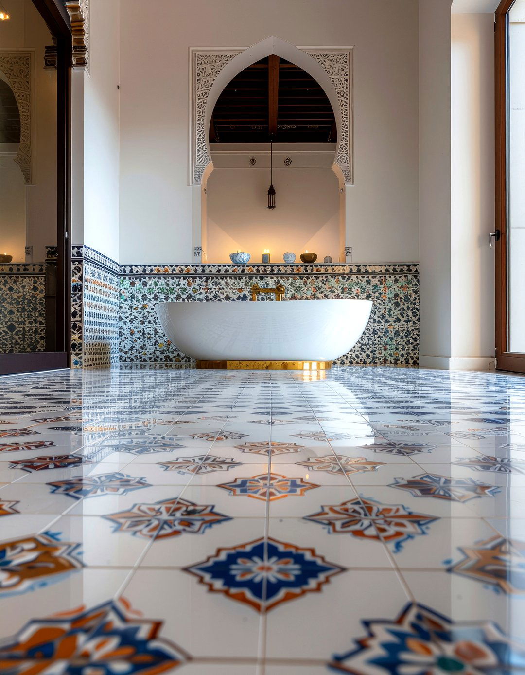 Patterned Arabesque Floor - 30 arabesque tile bathroom ideas