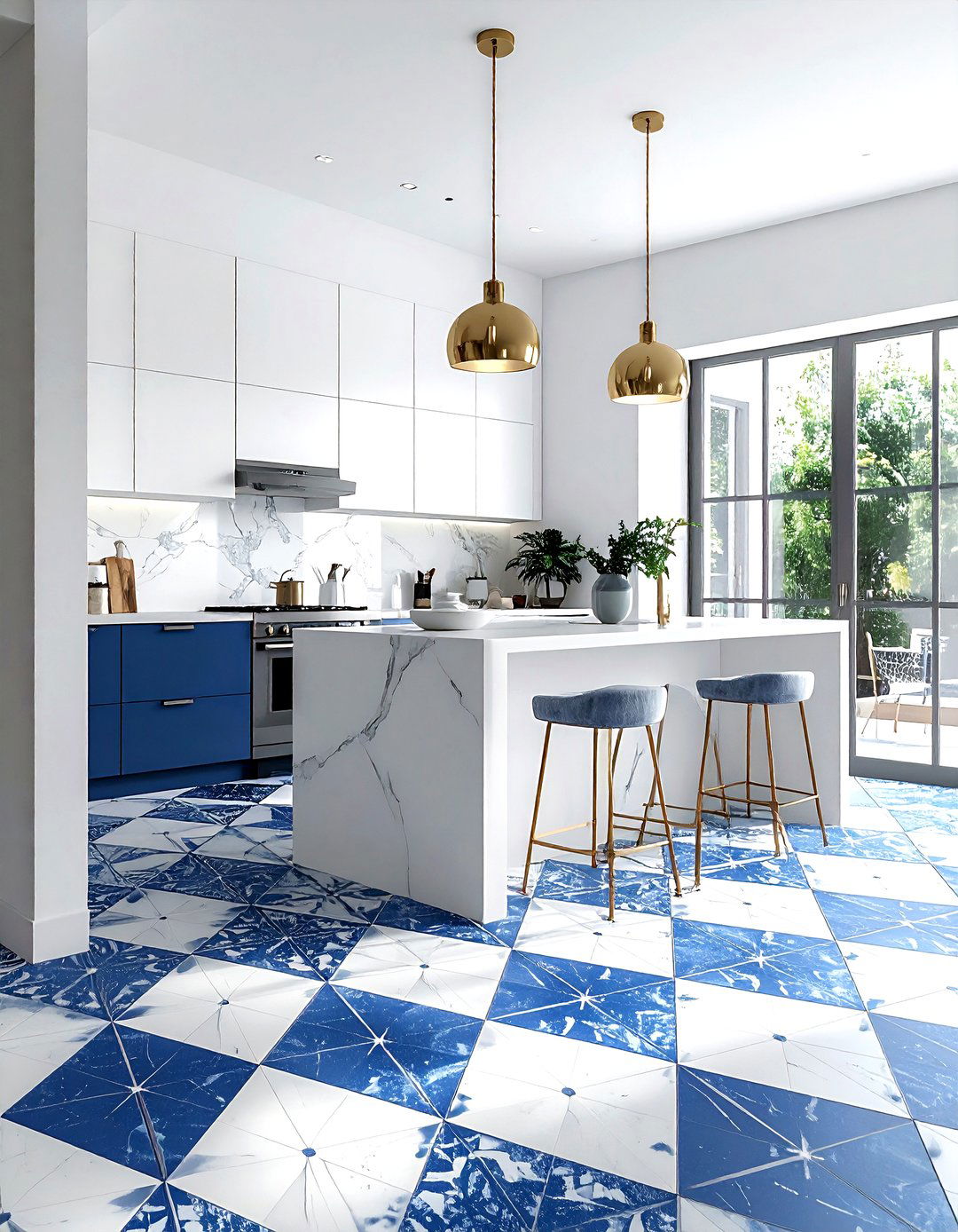 Patterned cement floor tiles - 30 kitchen texture layering ideas