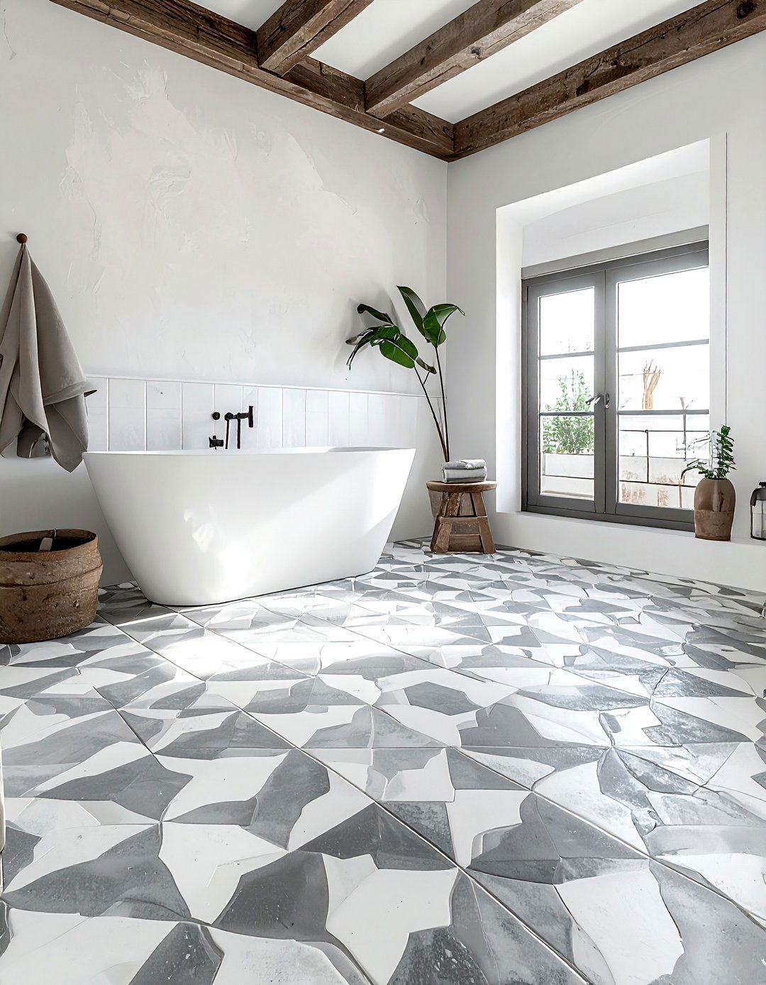 Patterned cement tile bathroom floor - 30 Spanish tile bathroom ideas