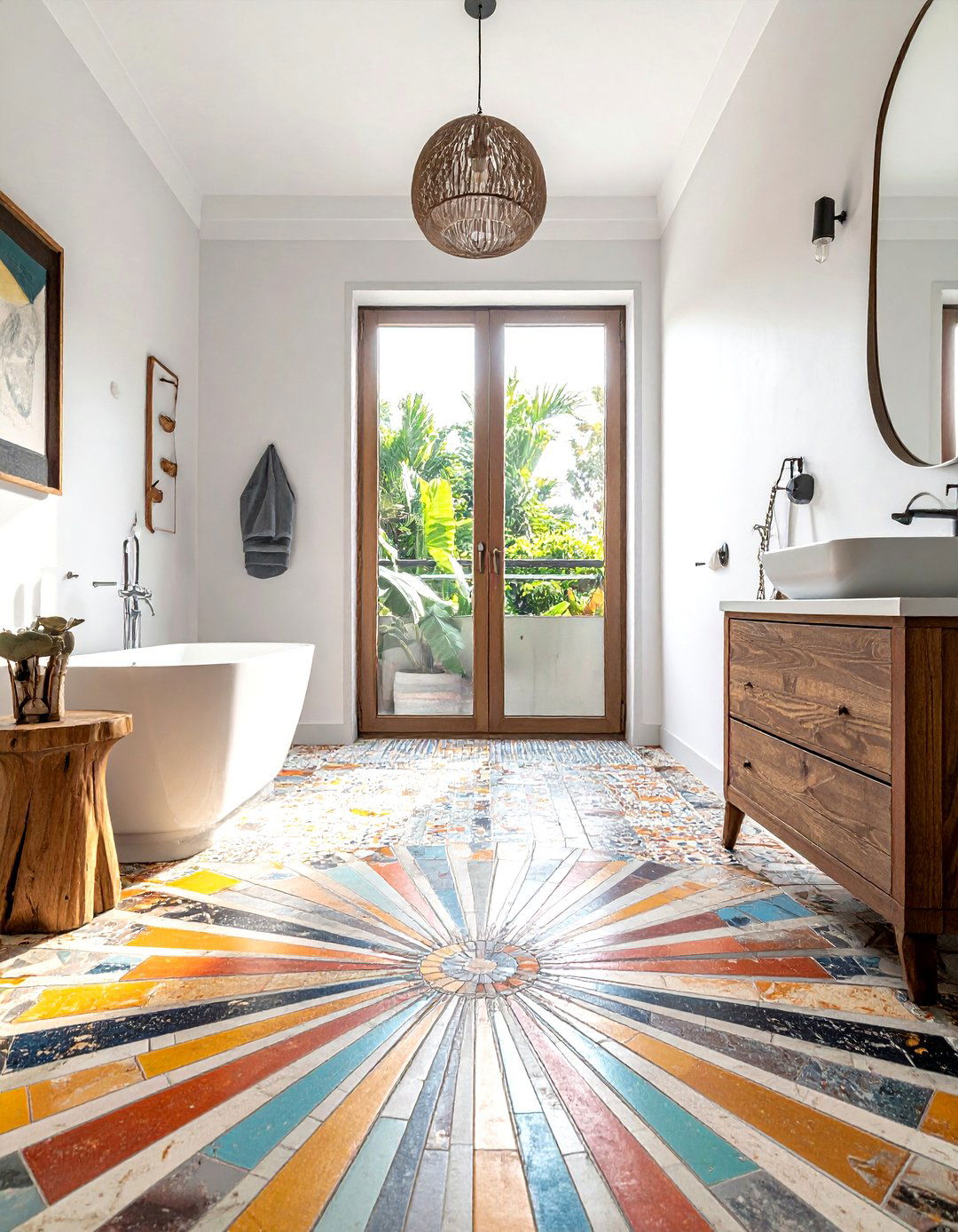 Patterned floor tile bathroom - 30 boho bathroom ideas