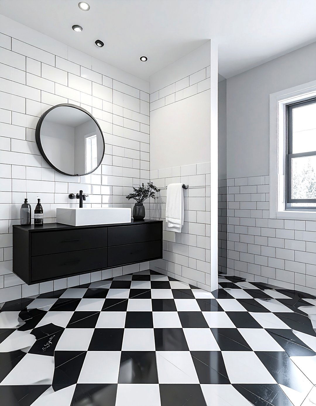 Patterned floor white subway tile - 30 subway tile bathroom ideas