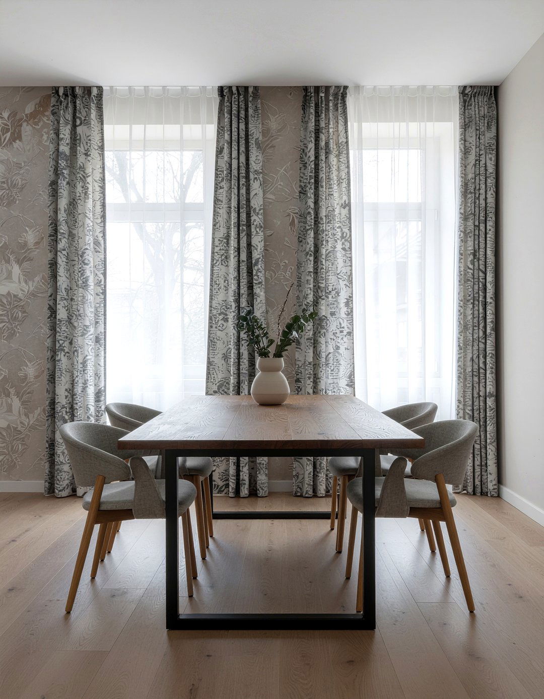 Patterned neutral curtains - 30 neutral curtain dining room ideas