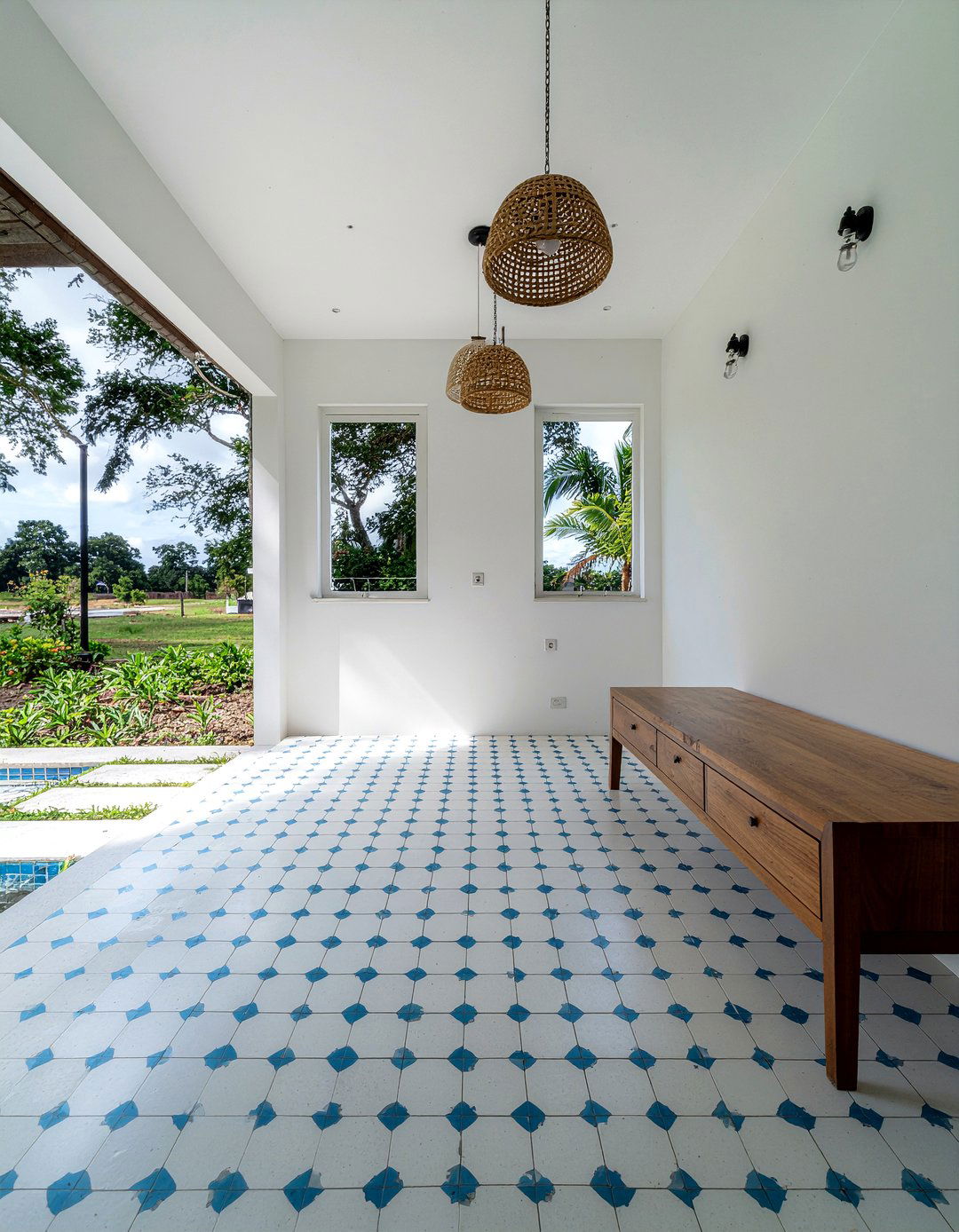 Patterned tile pool floor - 30 pool bathroom ideas