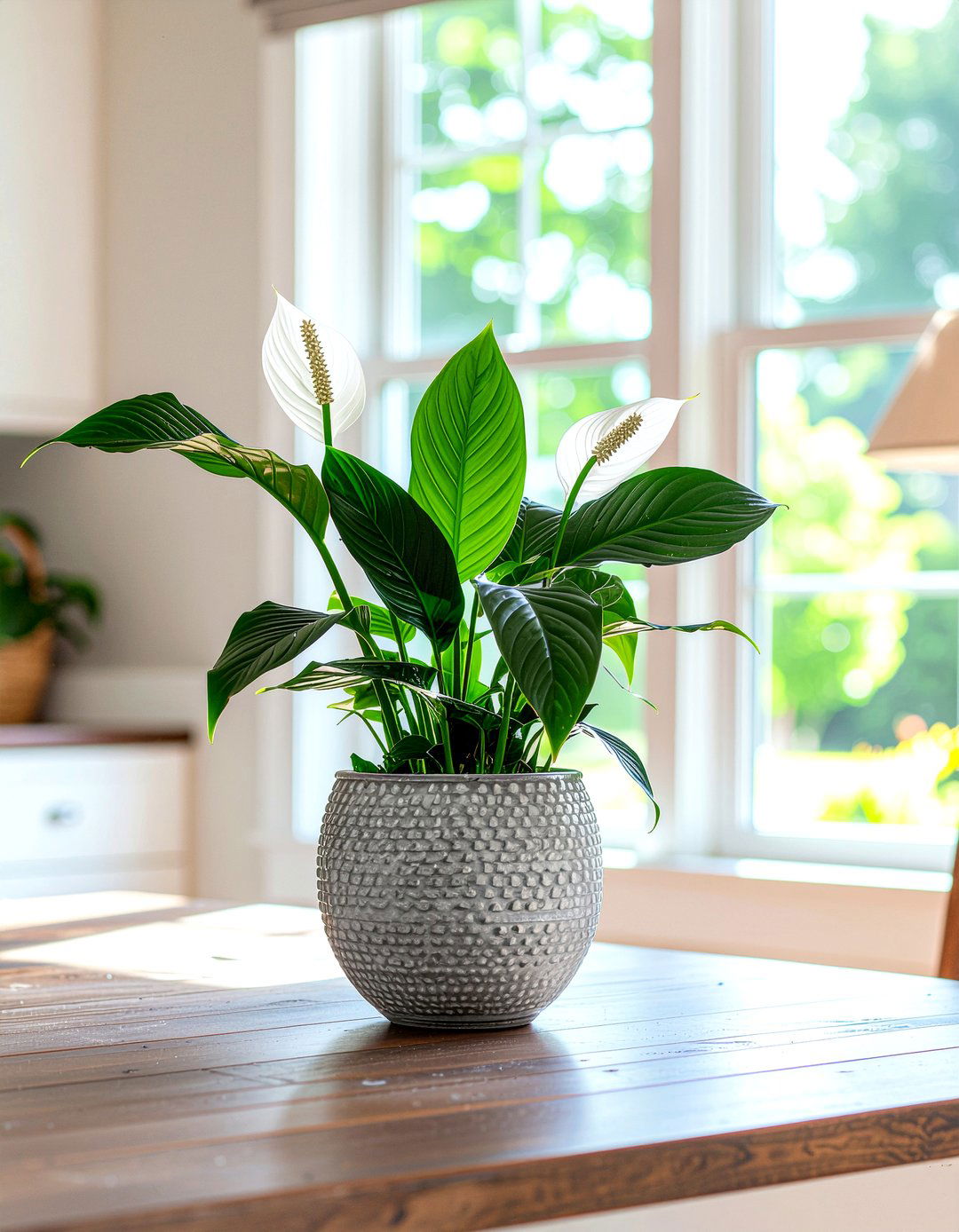 Peace lily in breakfast nook - 30 kitchen potted plant ideas