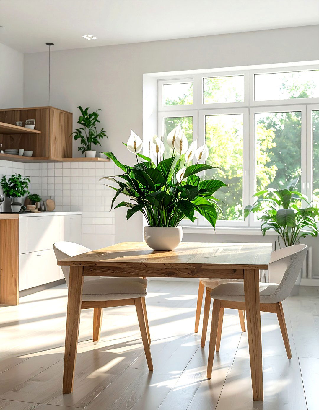 Peace lily in kitchen dining nook - 30 kitchen plant ideas