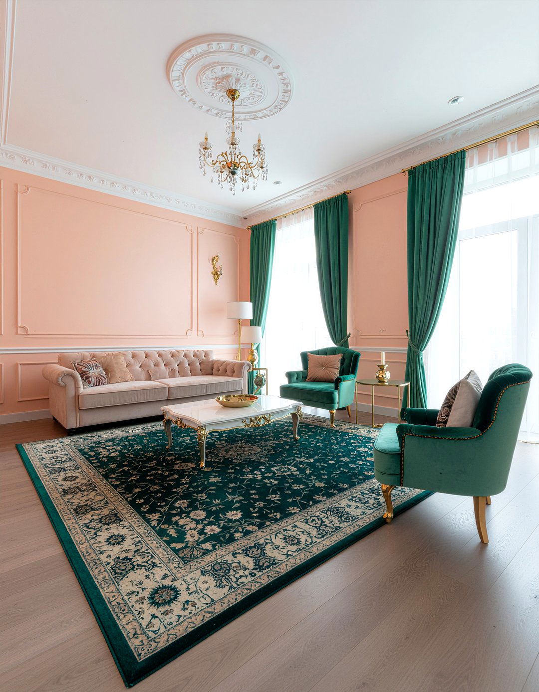 Peach and emerald green living room - 30 peach living room ideas