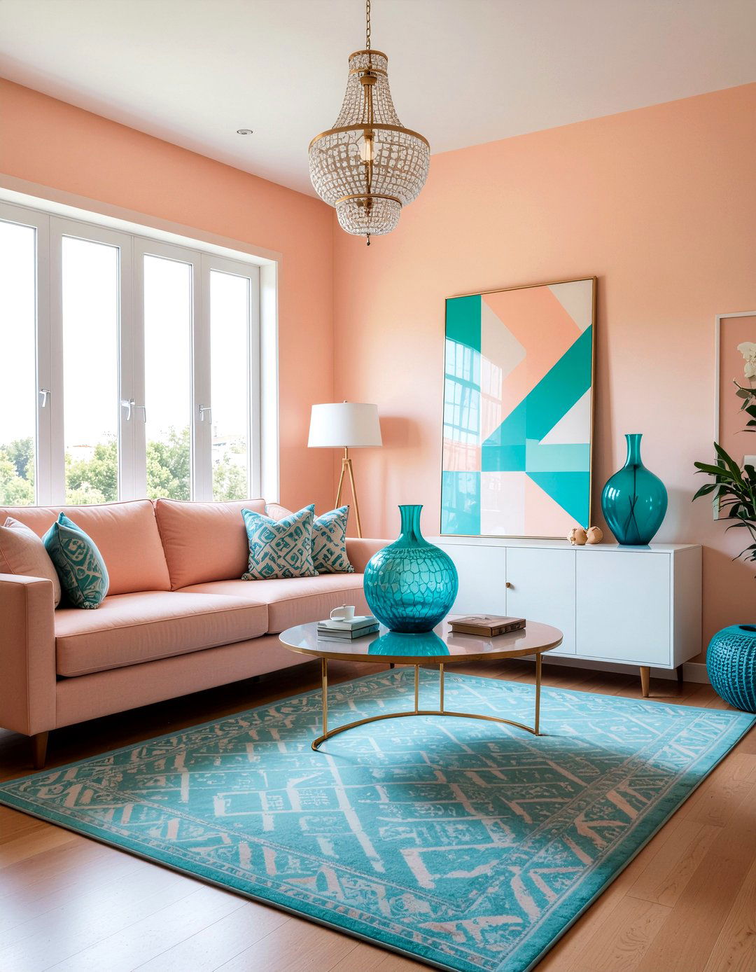 Peach and turquoise living room - 30 peach living room ideas
