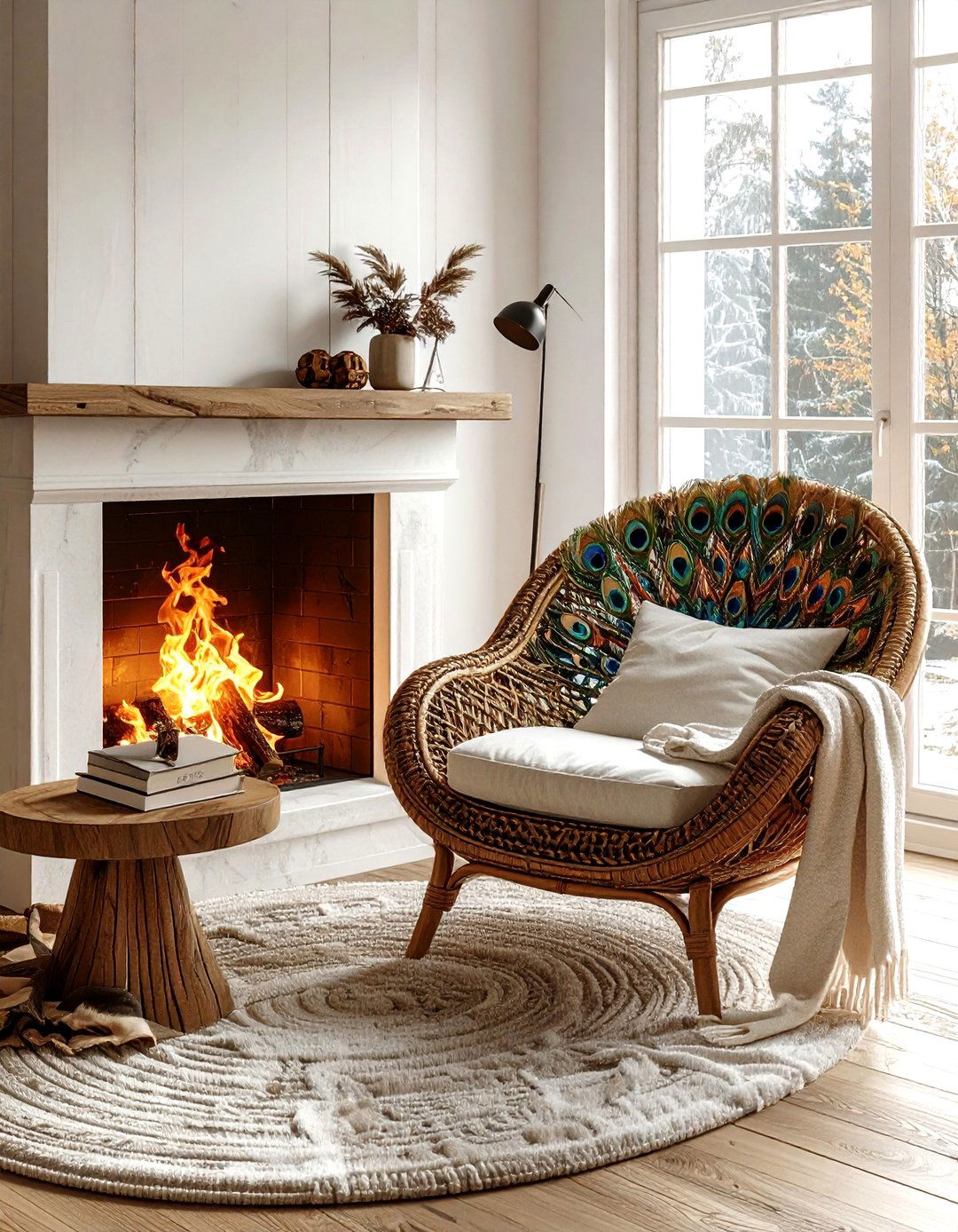 Peacock chair by fireplace - 30 living room peacock chair ideas