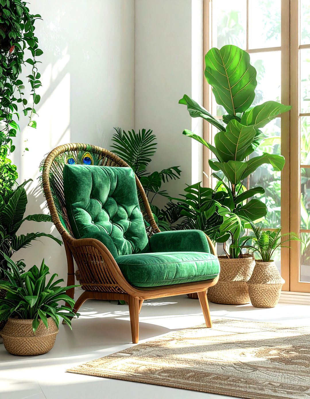 Peacock chair with indoor plants - 30 living room peacock chair ideas