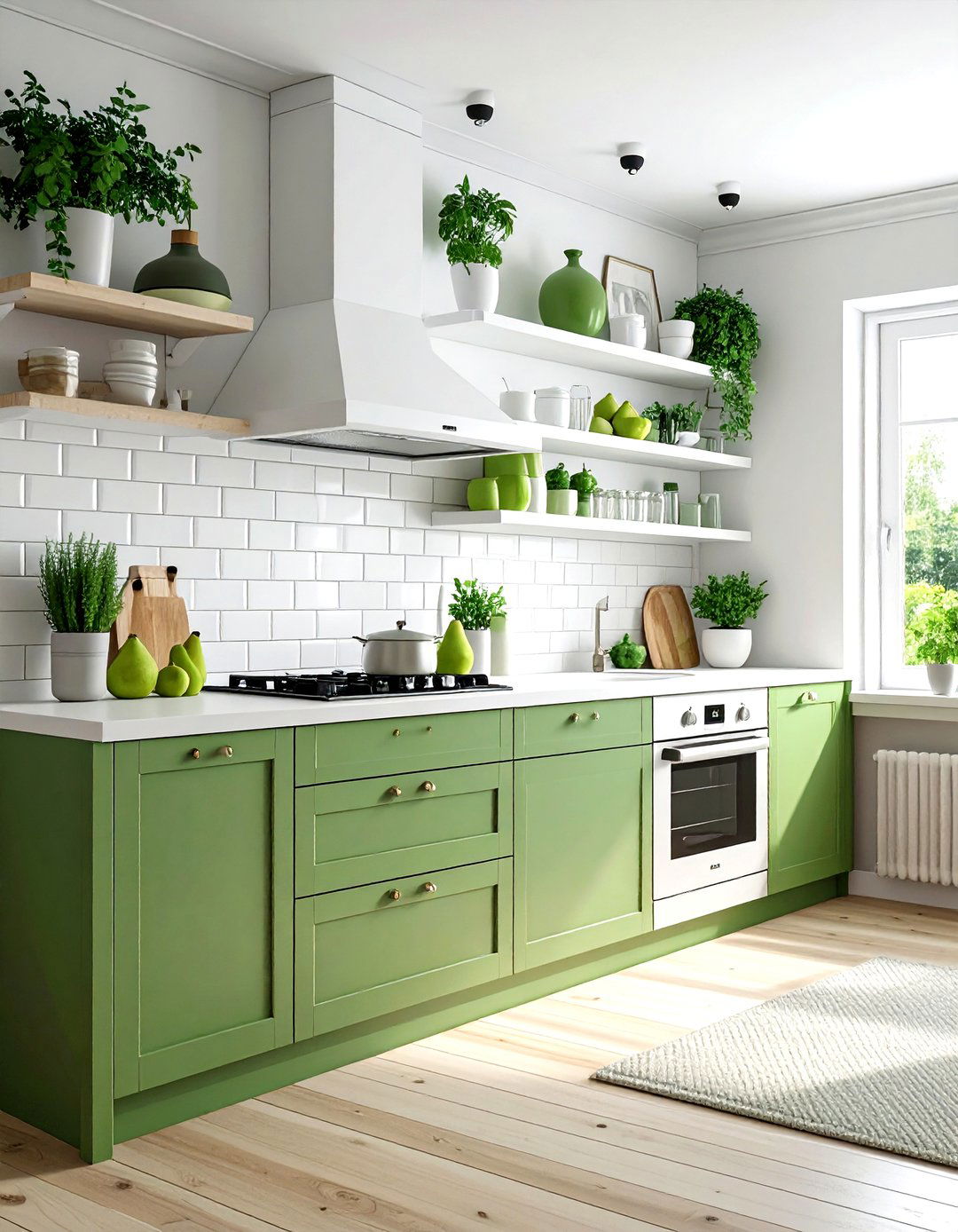 Pear green kitchen accents white open shelving - 30 green and white kitchen ideas