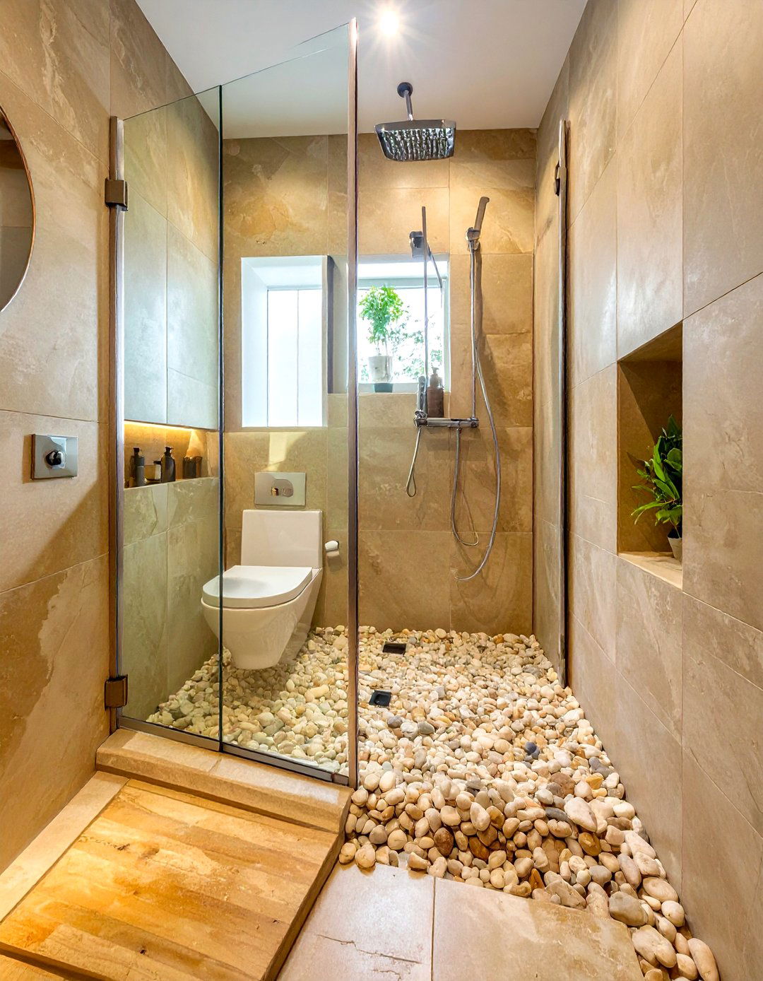 Pebble shower floor - 30 warm bathroom ideas