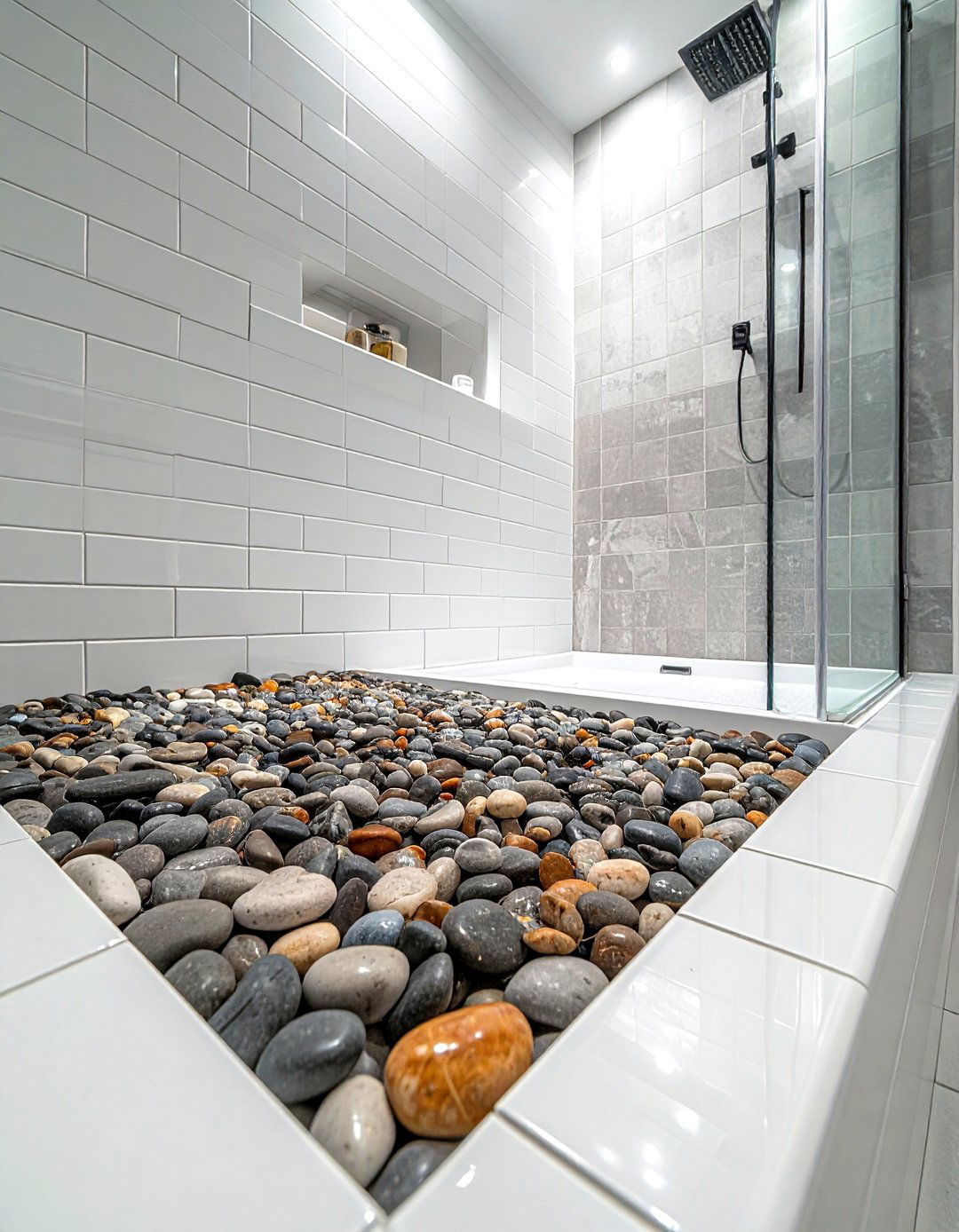 Pebble tile shower floor - 30 Mediterranean bathroom ideas