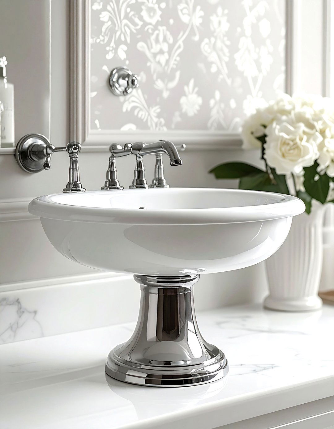 Pedestal Sink Polished Nickel Faucet - 30 polished nickel bathroom ideas