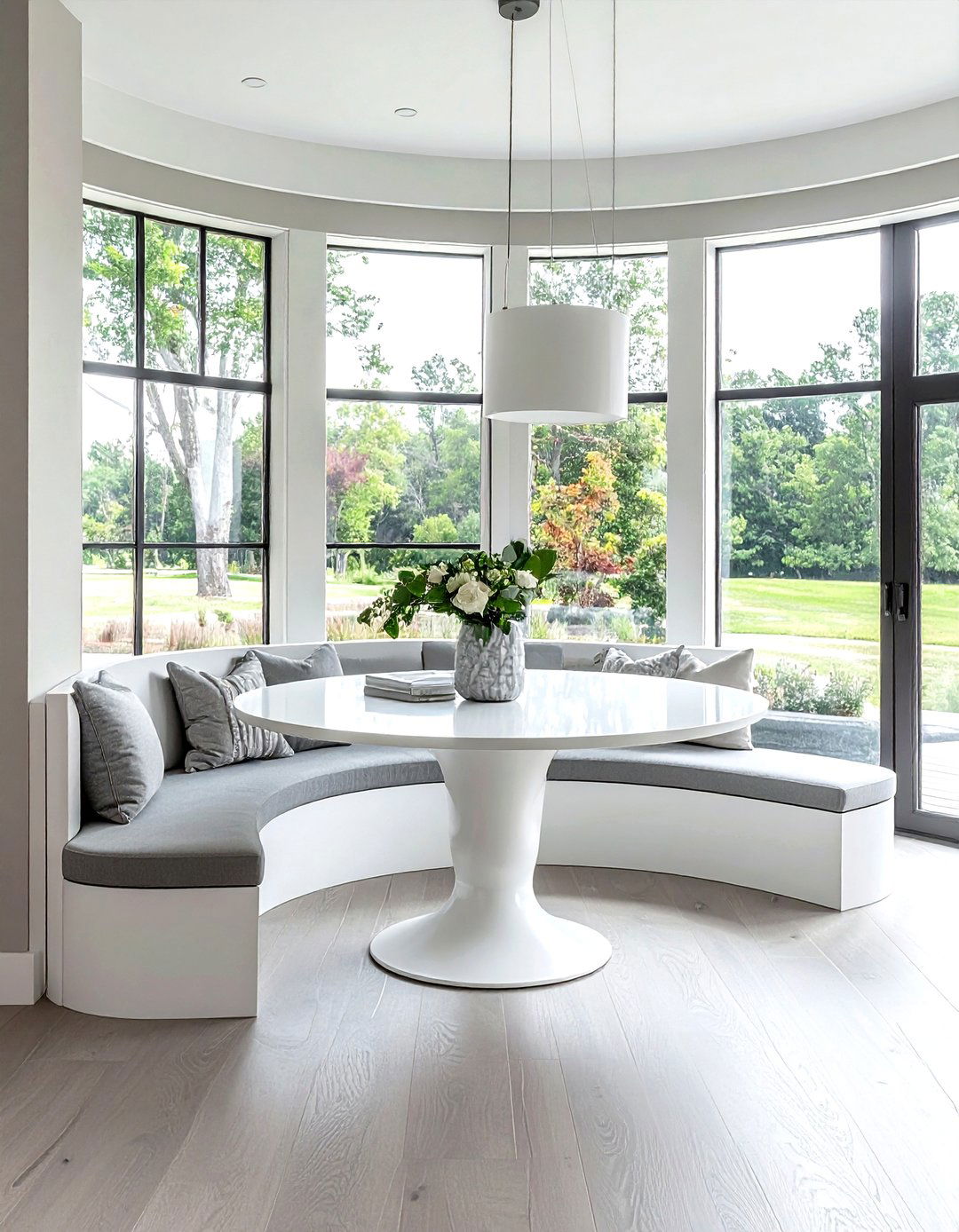 Pedestal Table with Curved Storage Bench - 30 storage dining bench ideas