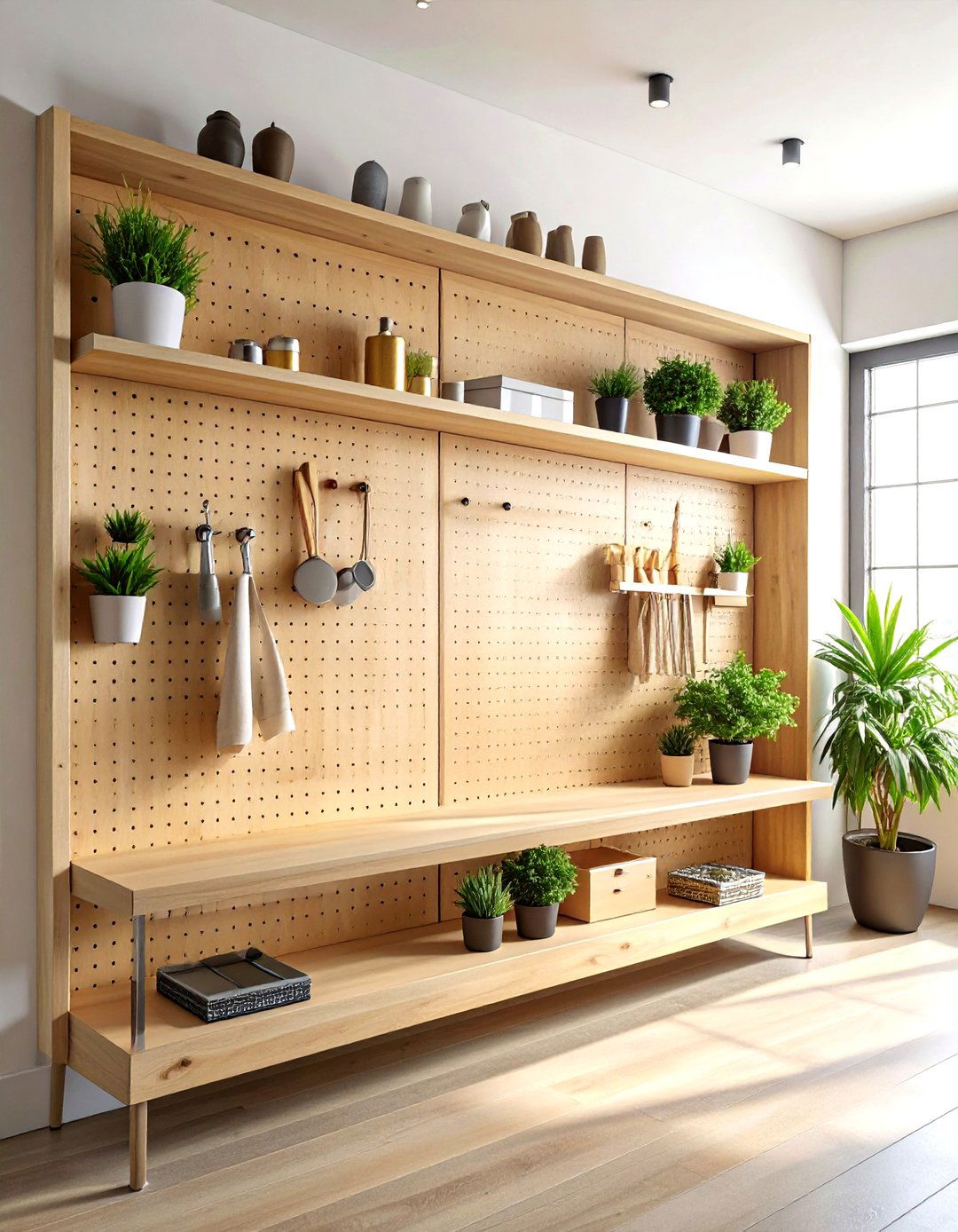 Pegboard Wall Organizer - 30 living room space saving ideas
