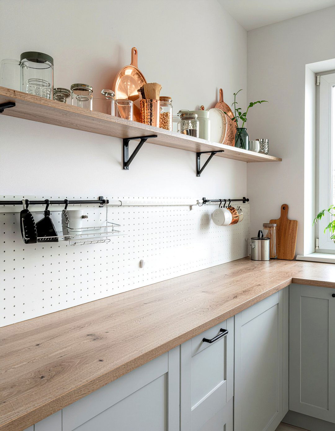 Pegboard backsplash for kitchen tools - 30 open shelf backsplash kitchen ideas