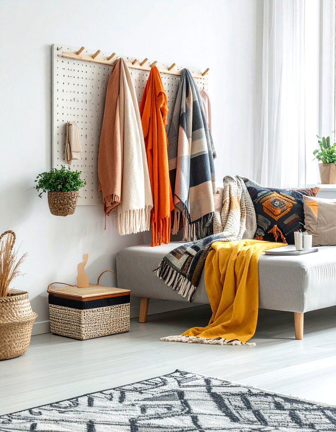 Pegboard wall organizer - 30 living room blanket storage ideas