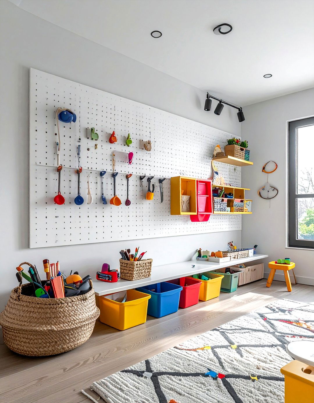 Pegboard wall organizer - 30 playroom storage ideas
