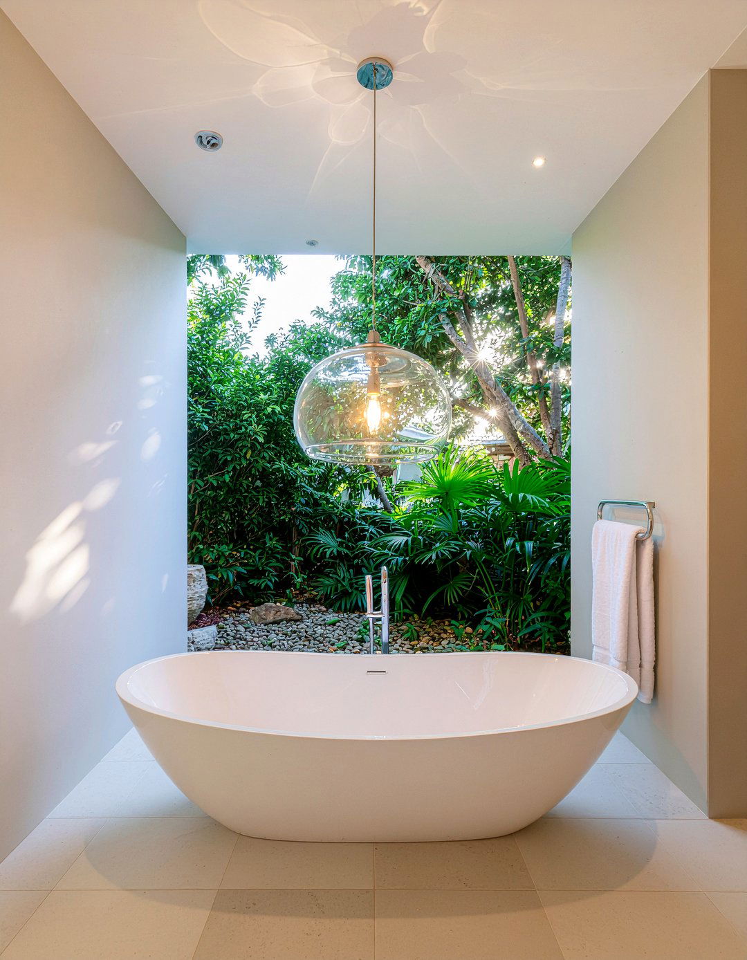Pendant light over bathtub - 30 bathroom layering ideas