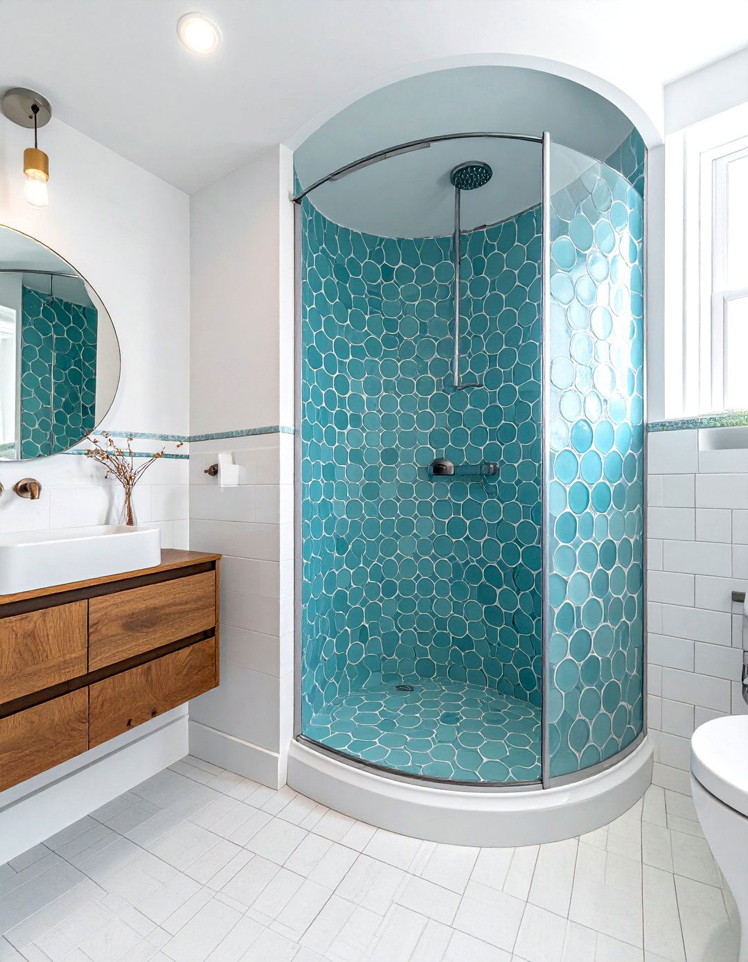 Penny Round Glass Tile Shower - 30 glass tile bathroom ideas