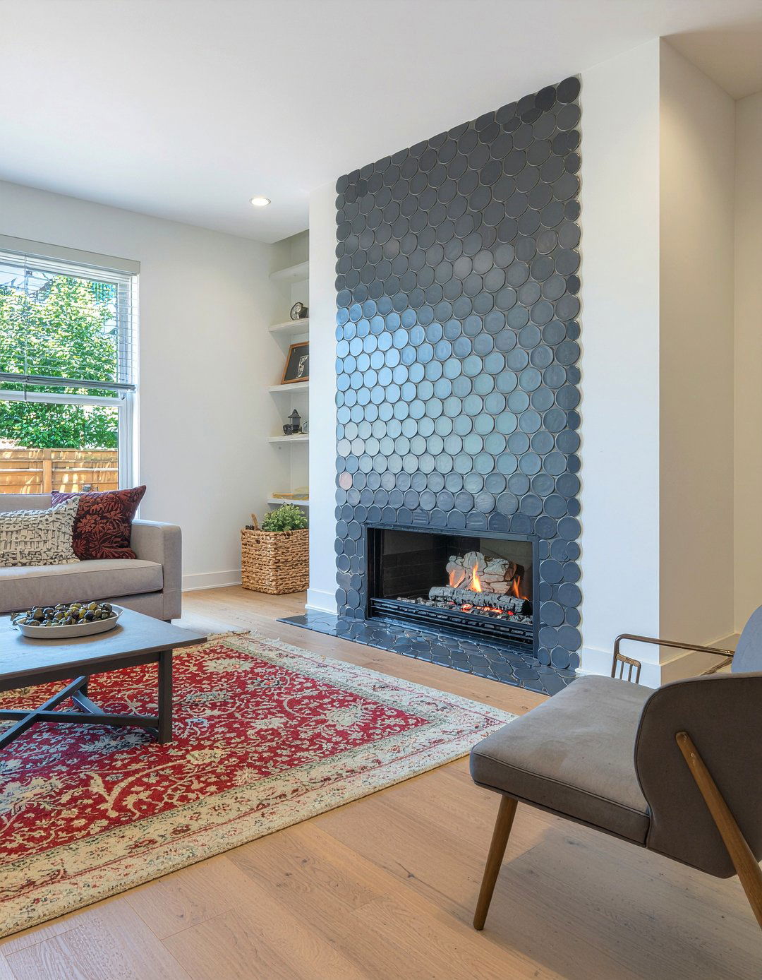 Penny Round Tile - 30 living room fireplace tile ideas