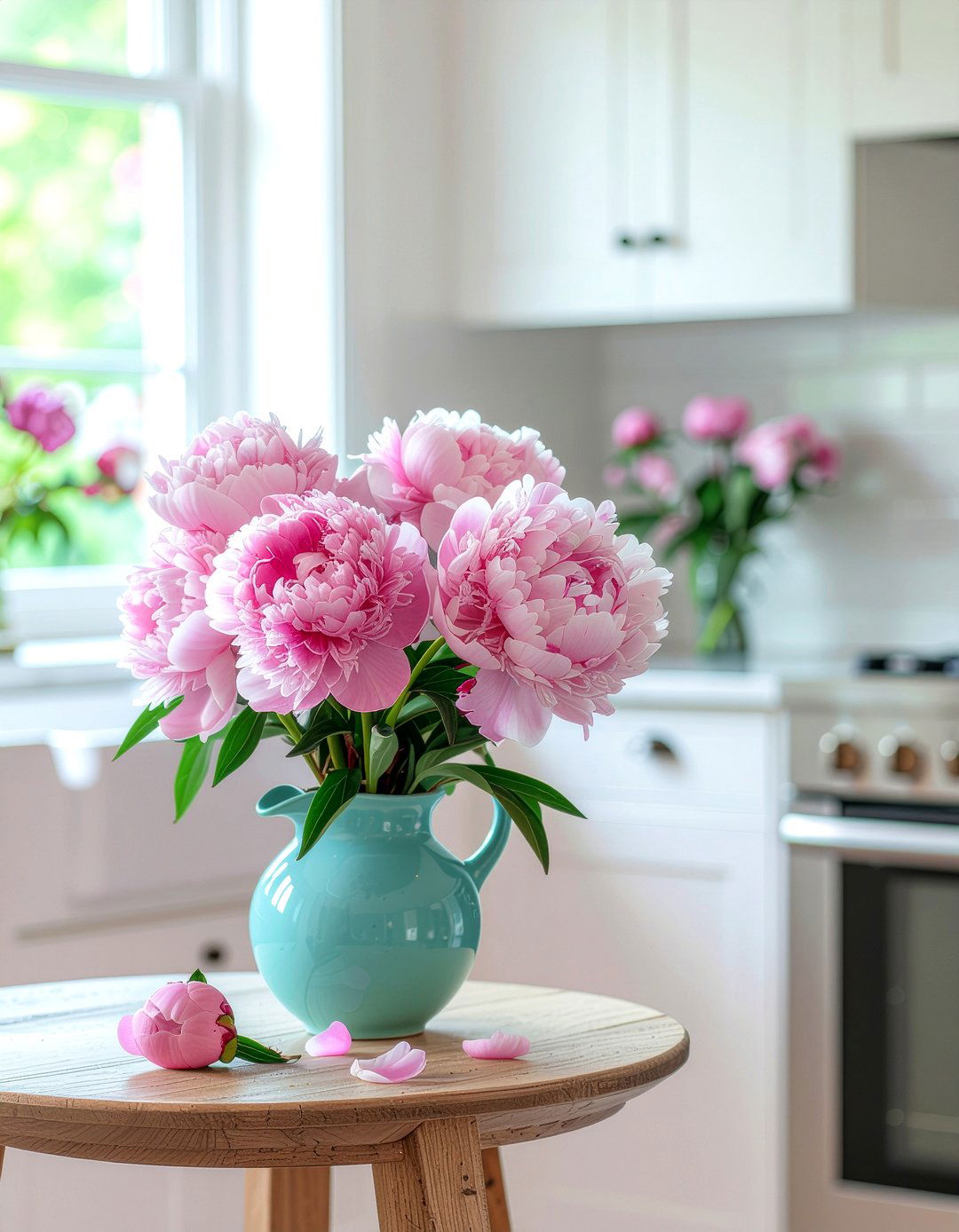Peonies in ceramic kitchen pot - 30 kitchen flower arrangement ideas