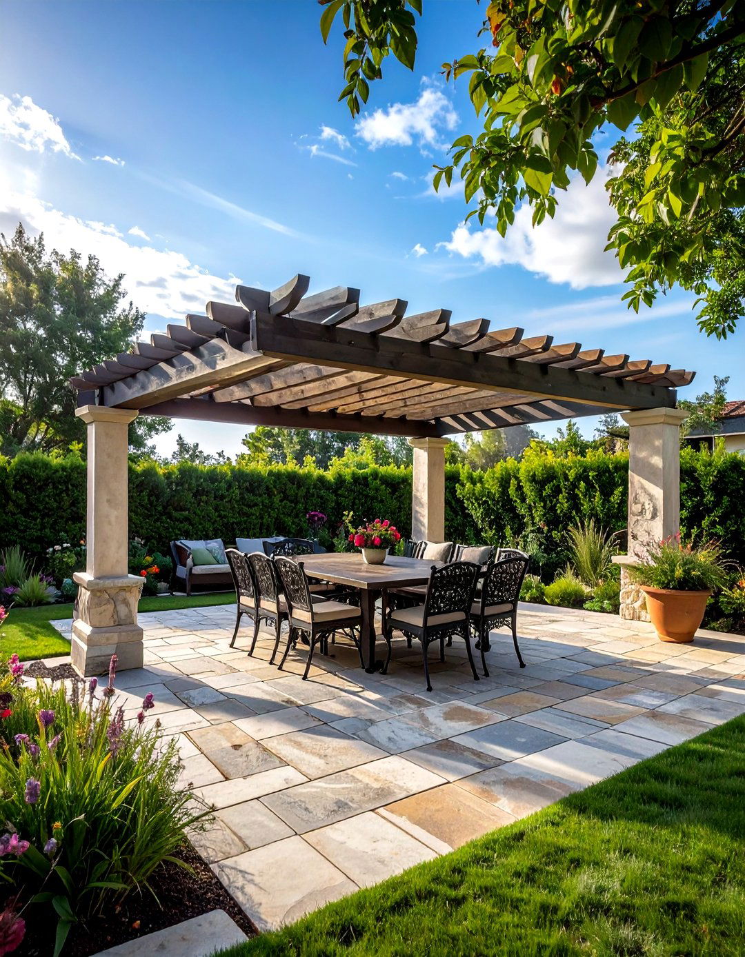 Pergola over stone patio - 30 pergola dining ideas