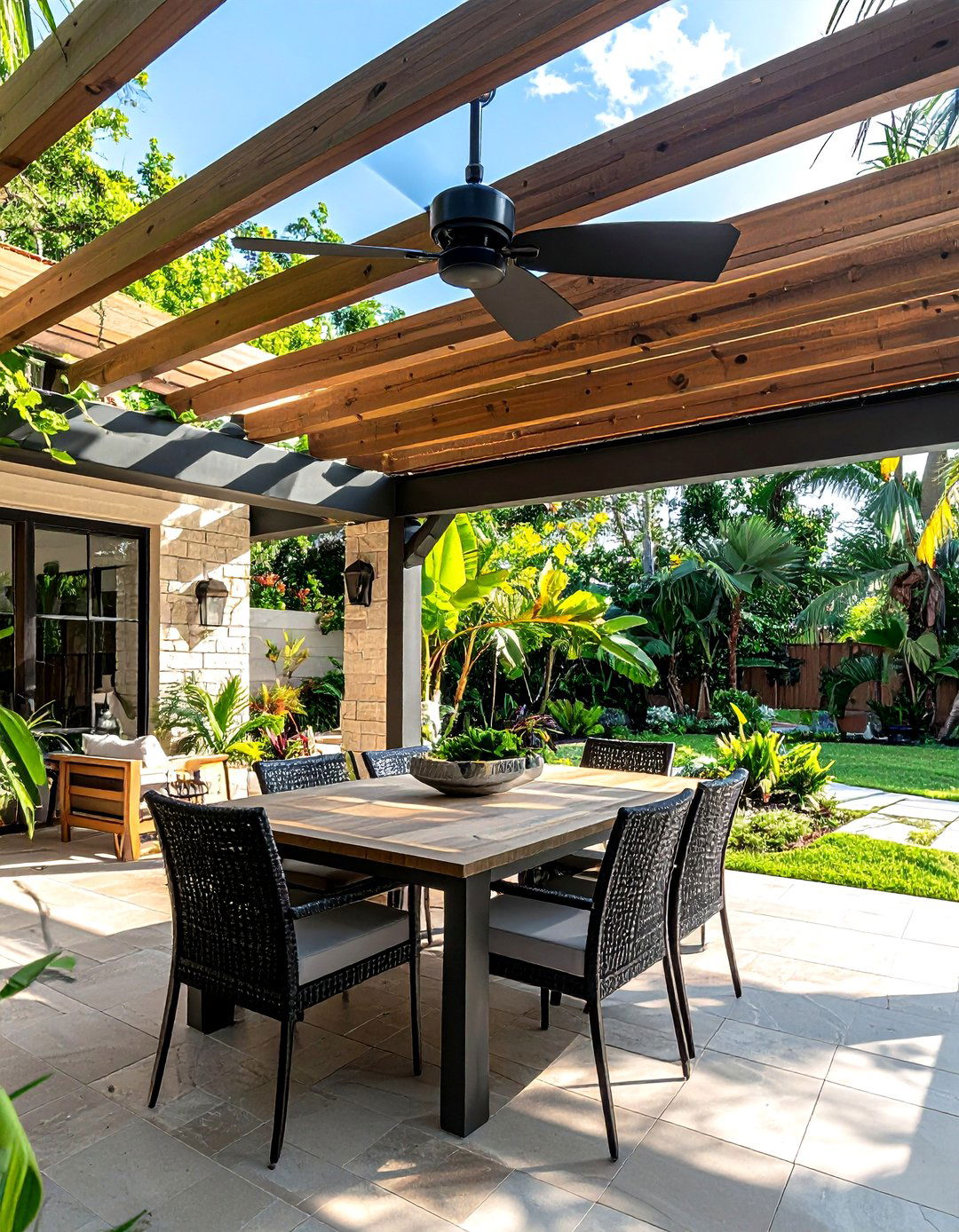 Pergola with ceiling fan - 30 pergola dining ideas