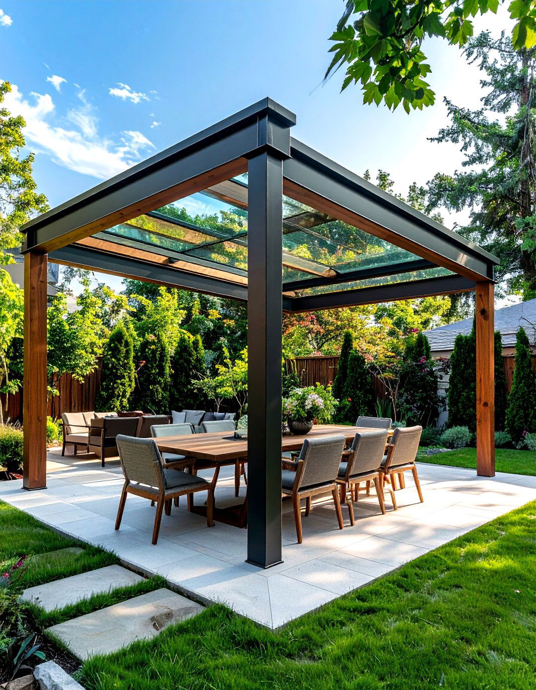 Pergola with glass roof - 30 pergola dining ideas