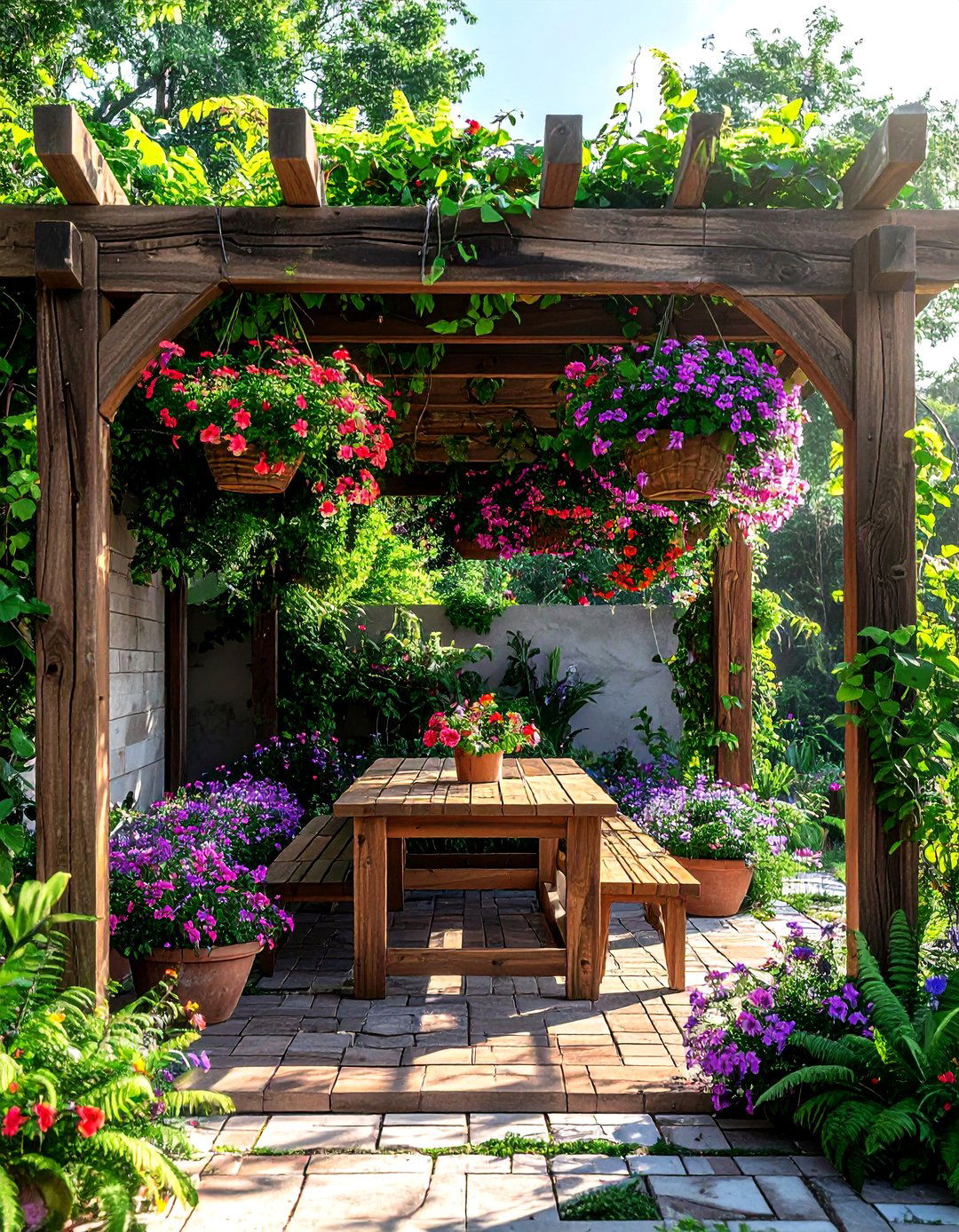 Pergola with hanging plants - 30 pergola dining ideas