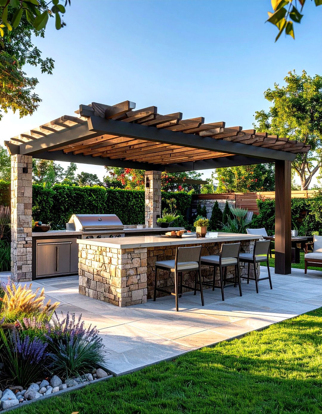 Pergola with outdoor kitchen - 30 pergola dining ideas
